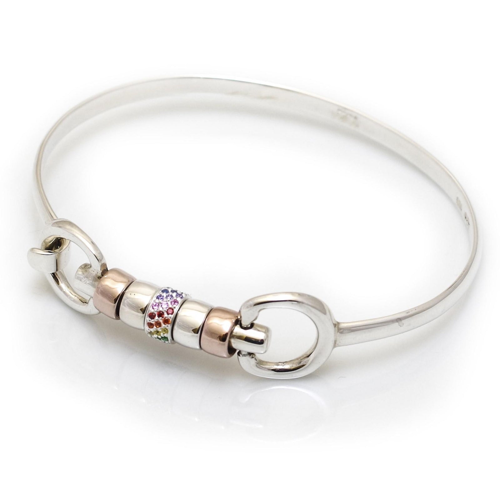 Exclusive Sterling Silver & 18ct Rose Gold Plate Cherry Roller Snaffle Bangle With Rainbow CZ Starlight Roller Bead
