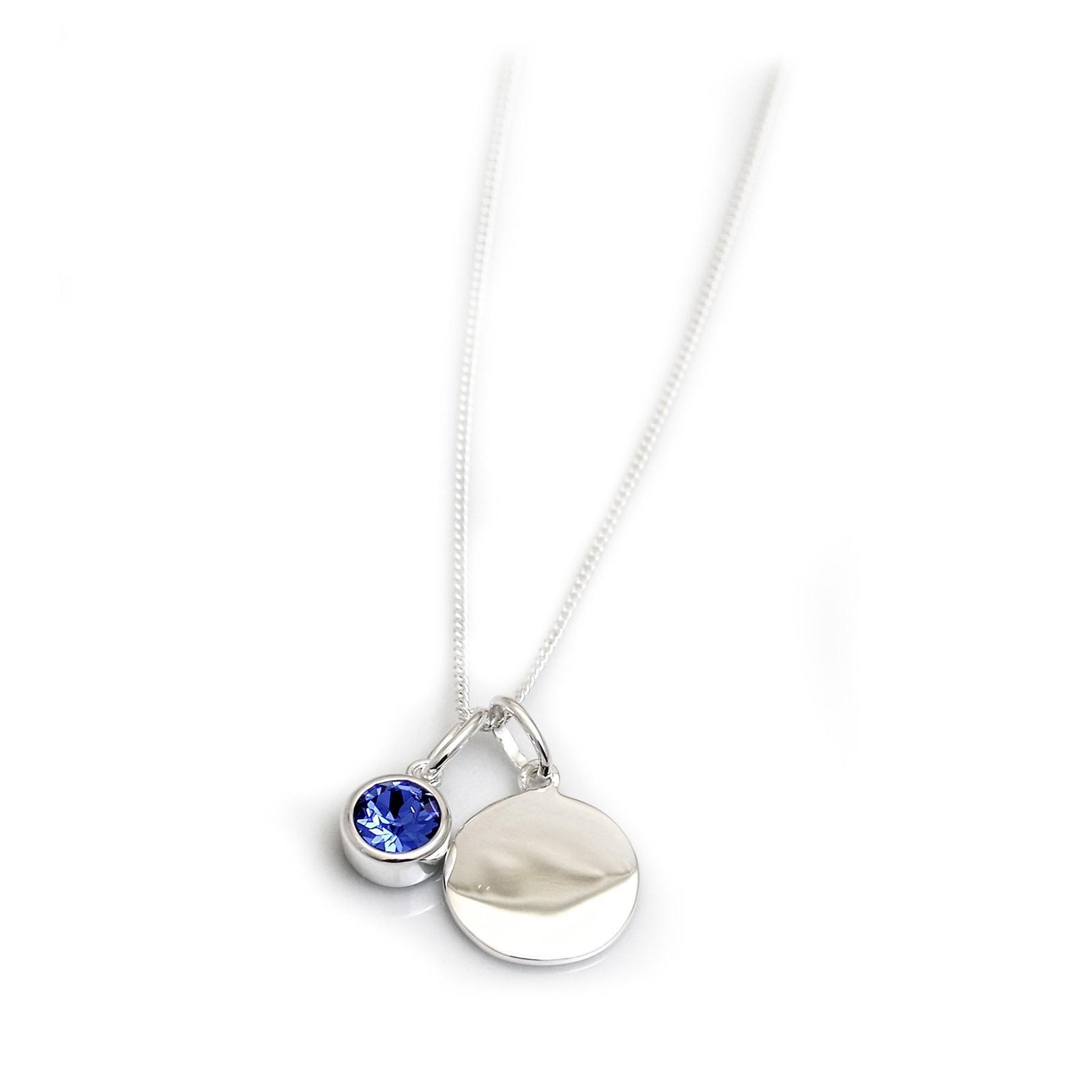 September Birthstone - Sapphire Blue CZ & Silver Disc Necklace