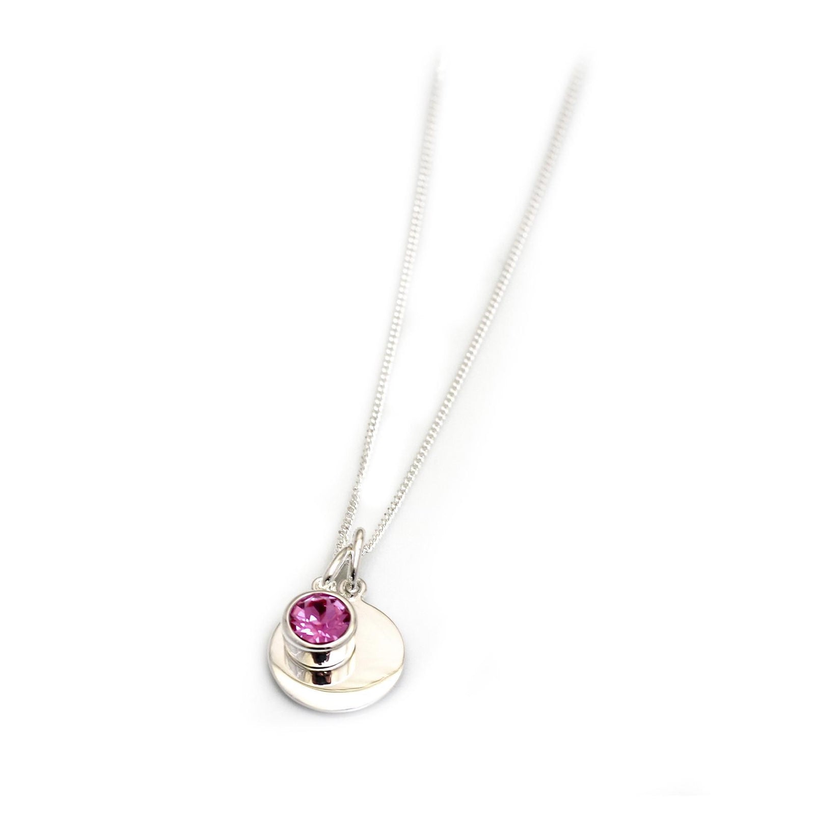 October Birthstone - Sterling Silver & Rose CZ Silver Disc Necklace