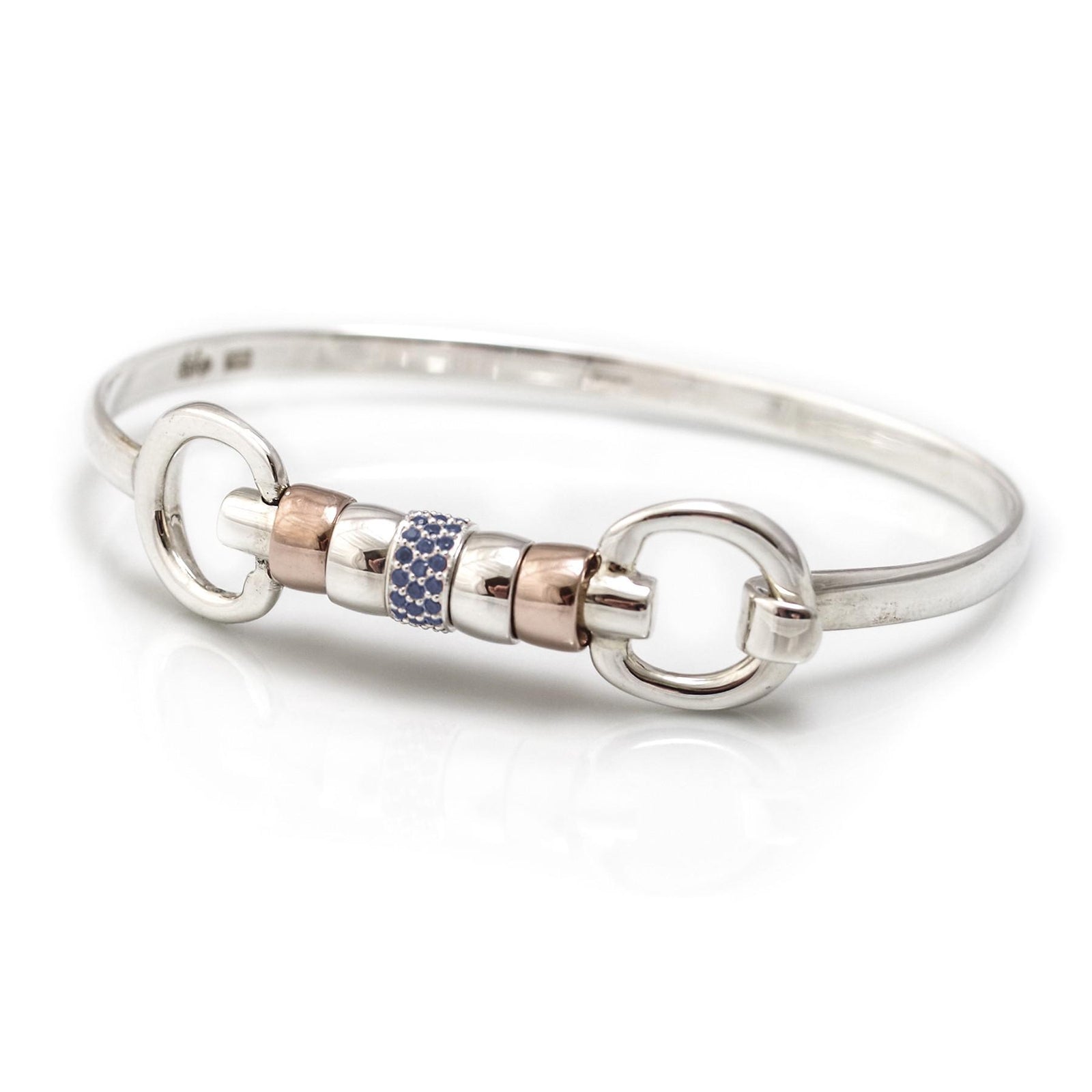 Exclusive Sterling Silver & 18ct Rose Gold Vermeil Cherry Roller Snaffle Bangle With Blue CZ Starlight Roller Bead