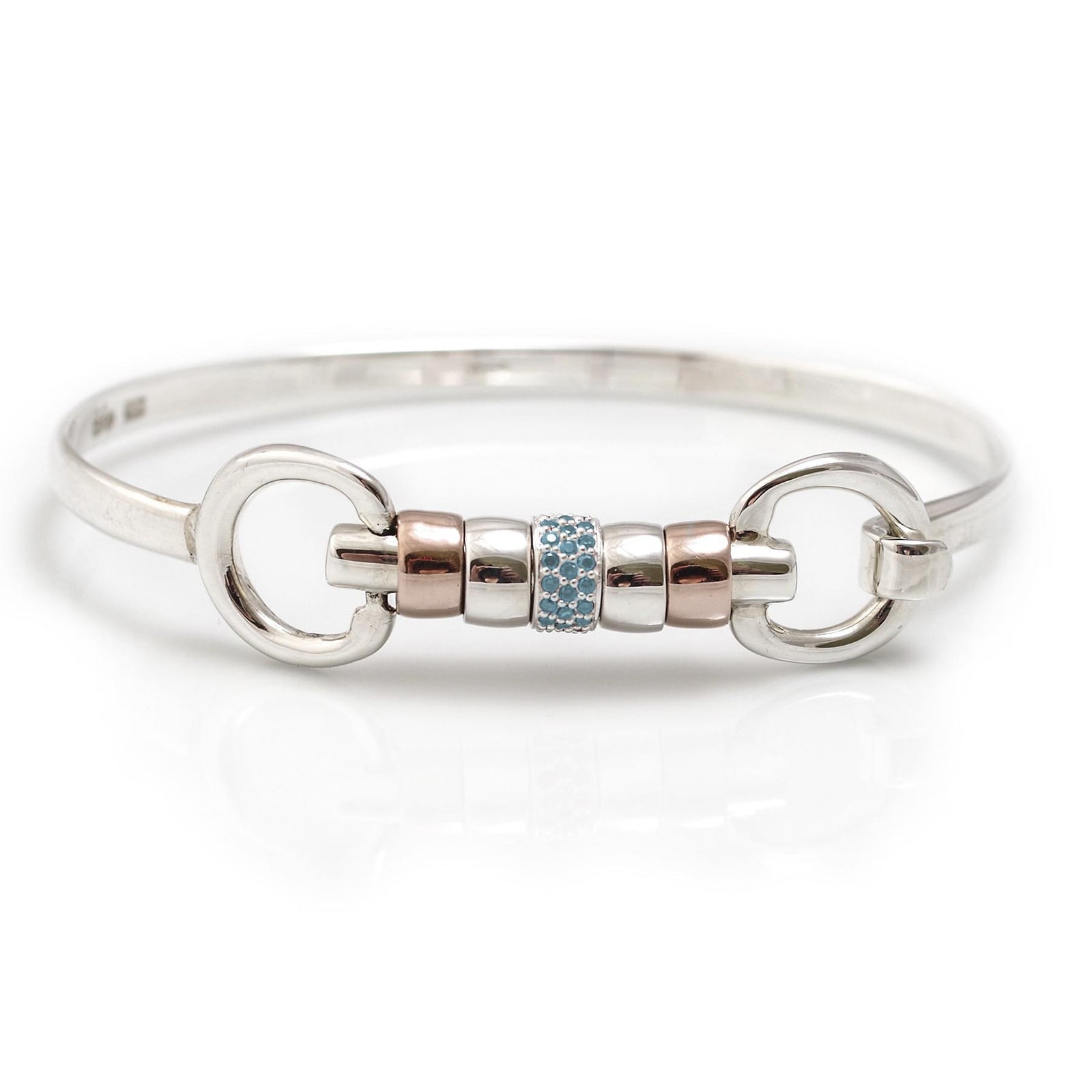 Exclusive Sterling Silver & 18ct Rose Gold Vermeil Cherry Roller Snaffle Bangle With Turquoise CZ Starlight Roller Bead