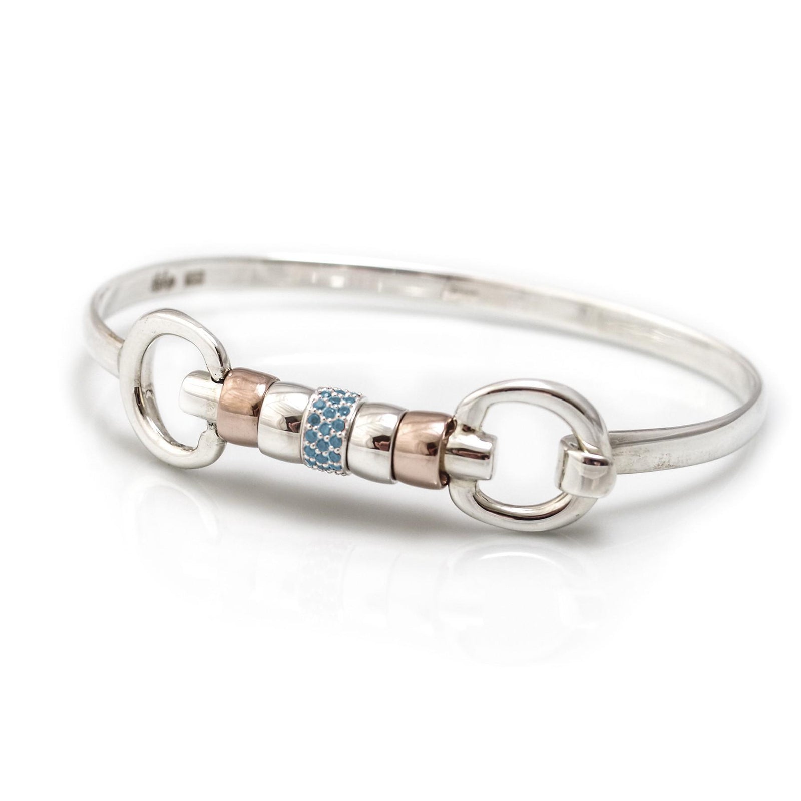 Exclusive Sterling Silver & 18ct Rose Gold Vermeil Cherry Roller Snaffle Bangle With Turquoise CZ Starlight Roller Bead