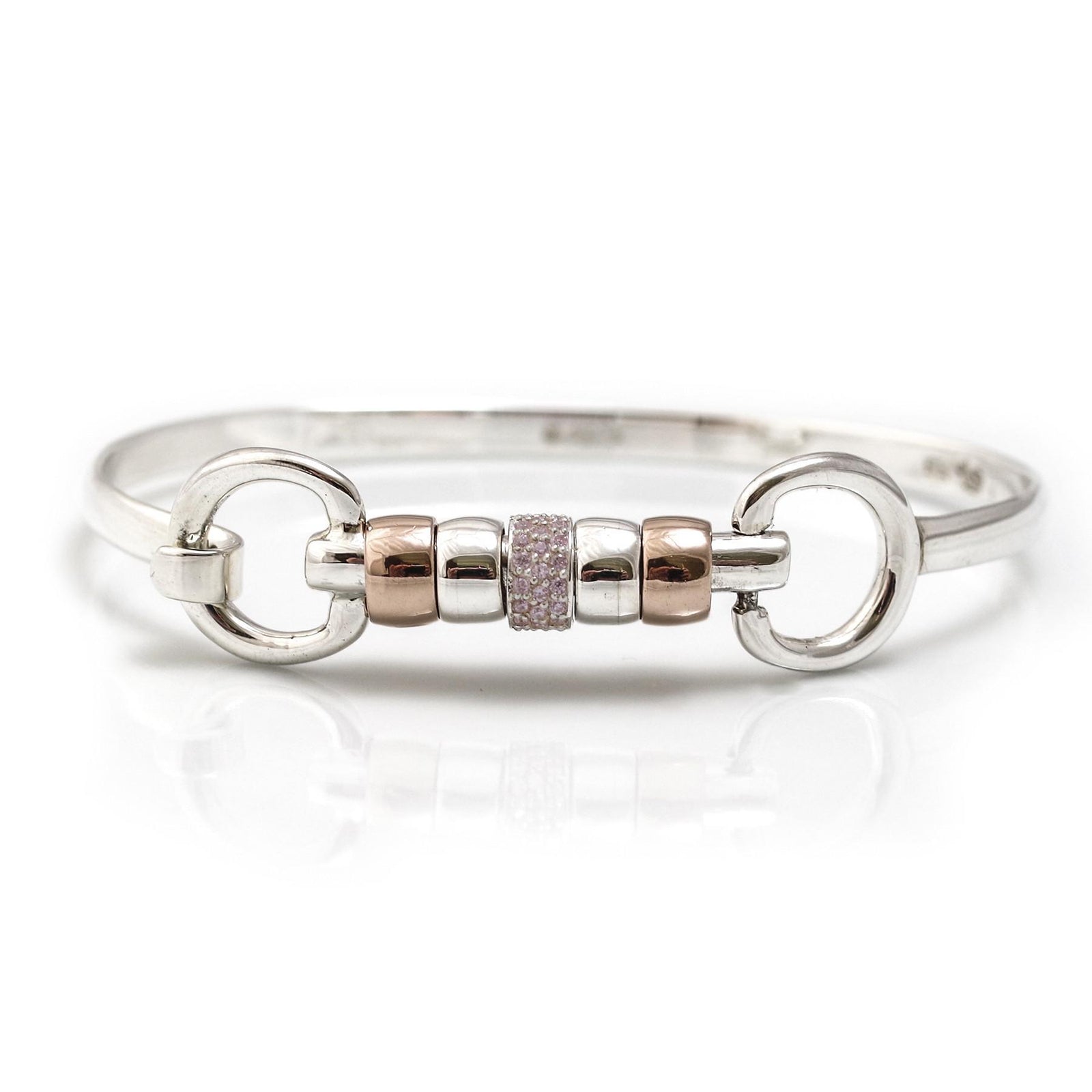 Exclusive Sterling Silver & 18ct Rose Gold Plate Cherry Roller Snaffle Bangle With Pink CZ Starlight