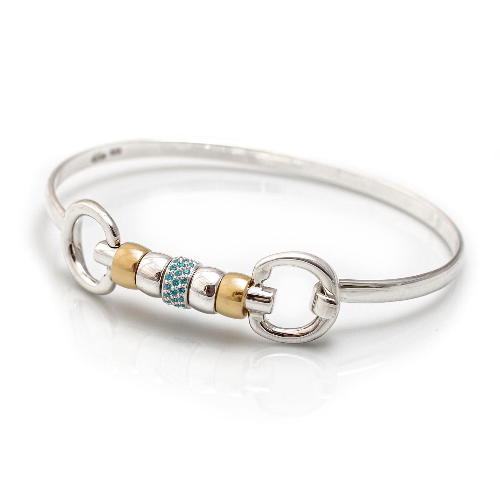 Exclusive Sterling Silver & 18ct Gold Plate Cherry Roller Snaffle Bangle With Turquoise CZ Starlight