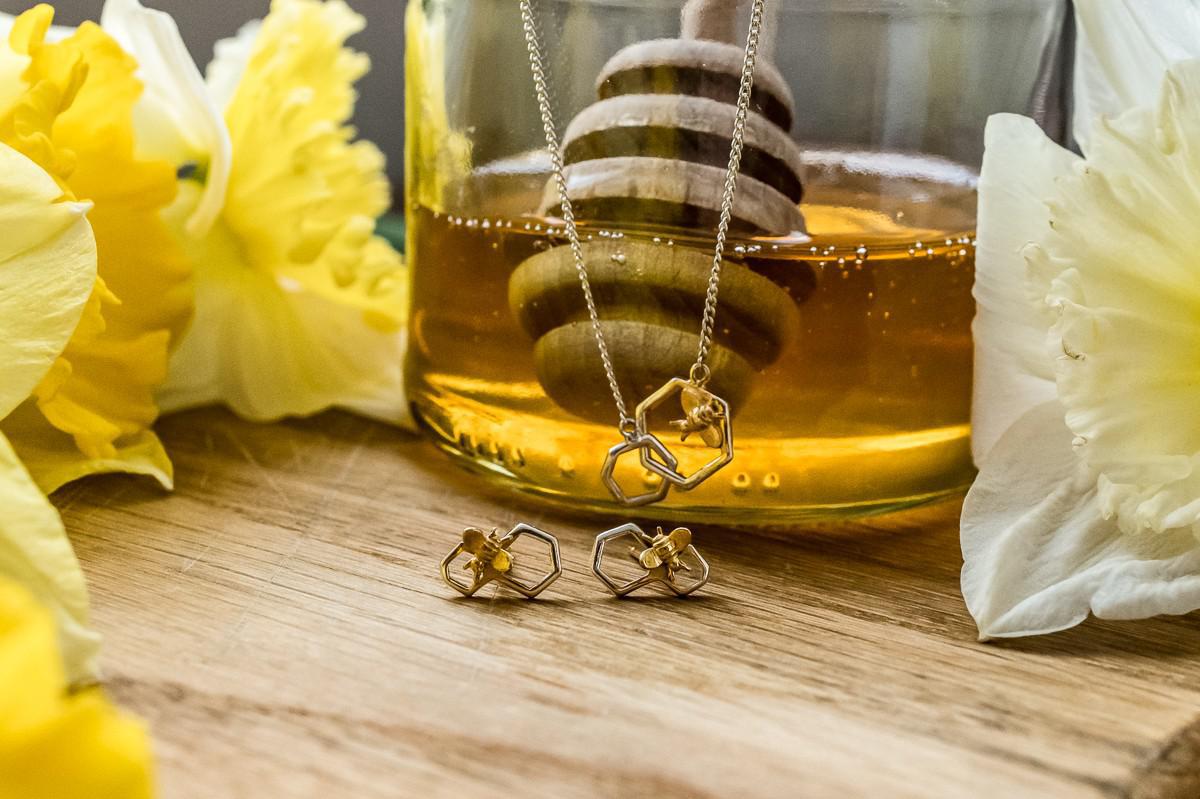 Sterling Silver & 18ct Gold Plated Honeycomb Bee Stud Earrings