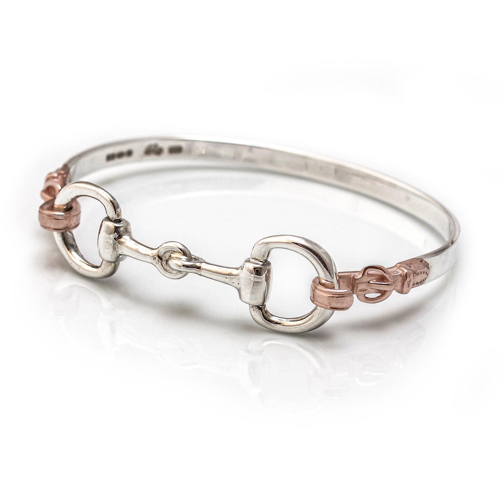 Exclusive Sterling Silver & 18ct Rose Gold Plated Detailed Double Snaffle Bangle