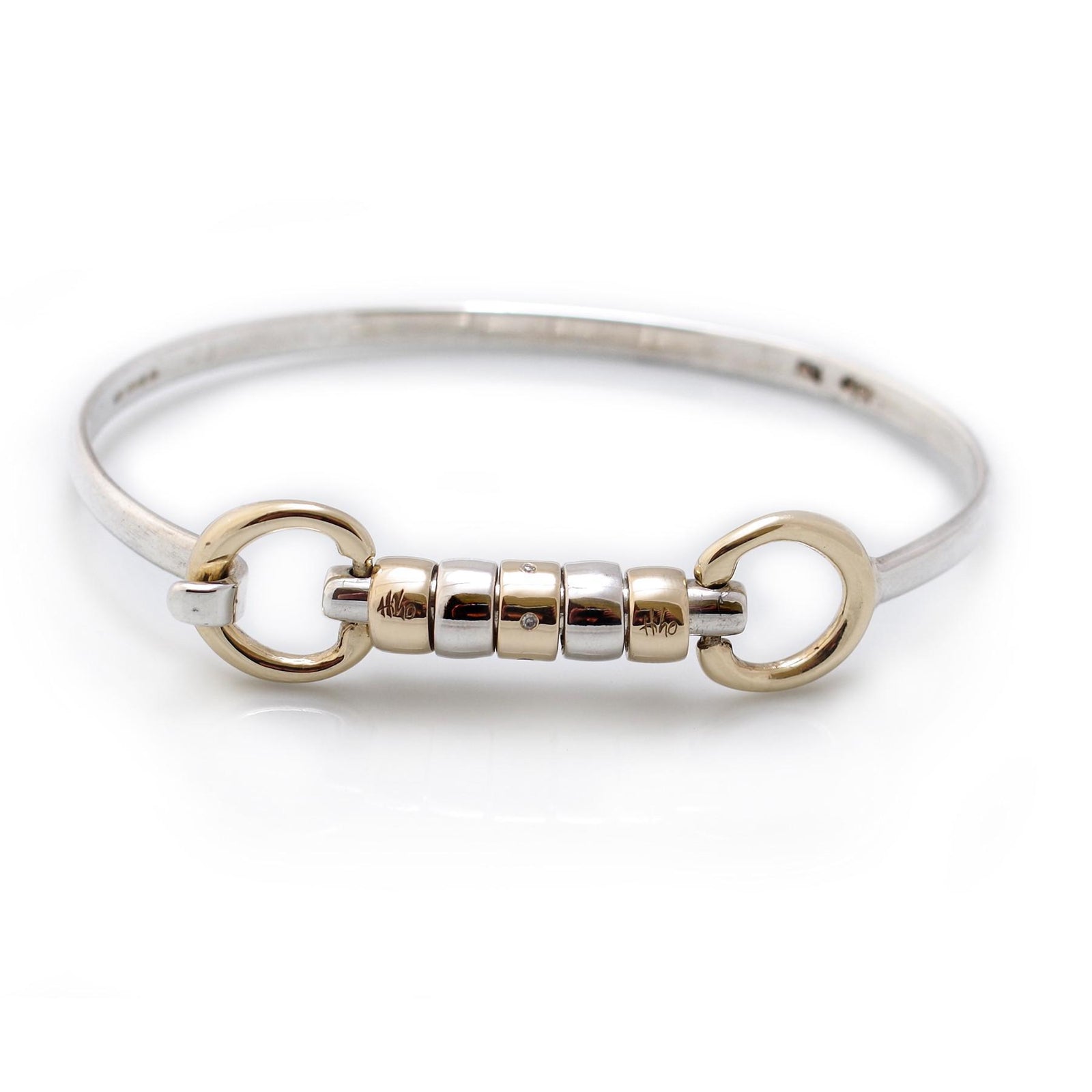 Exclusive Sterling Silver & 9ct Yellow Gold Cherry Roller Snaffle Bangle With Diamond Bead