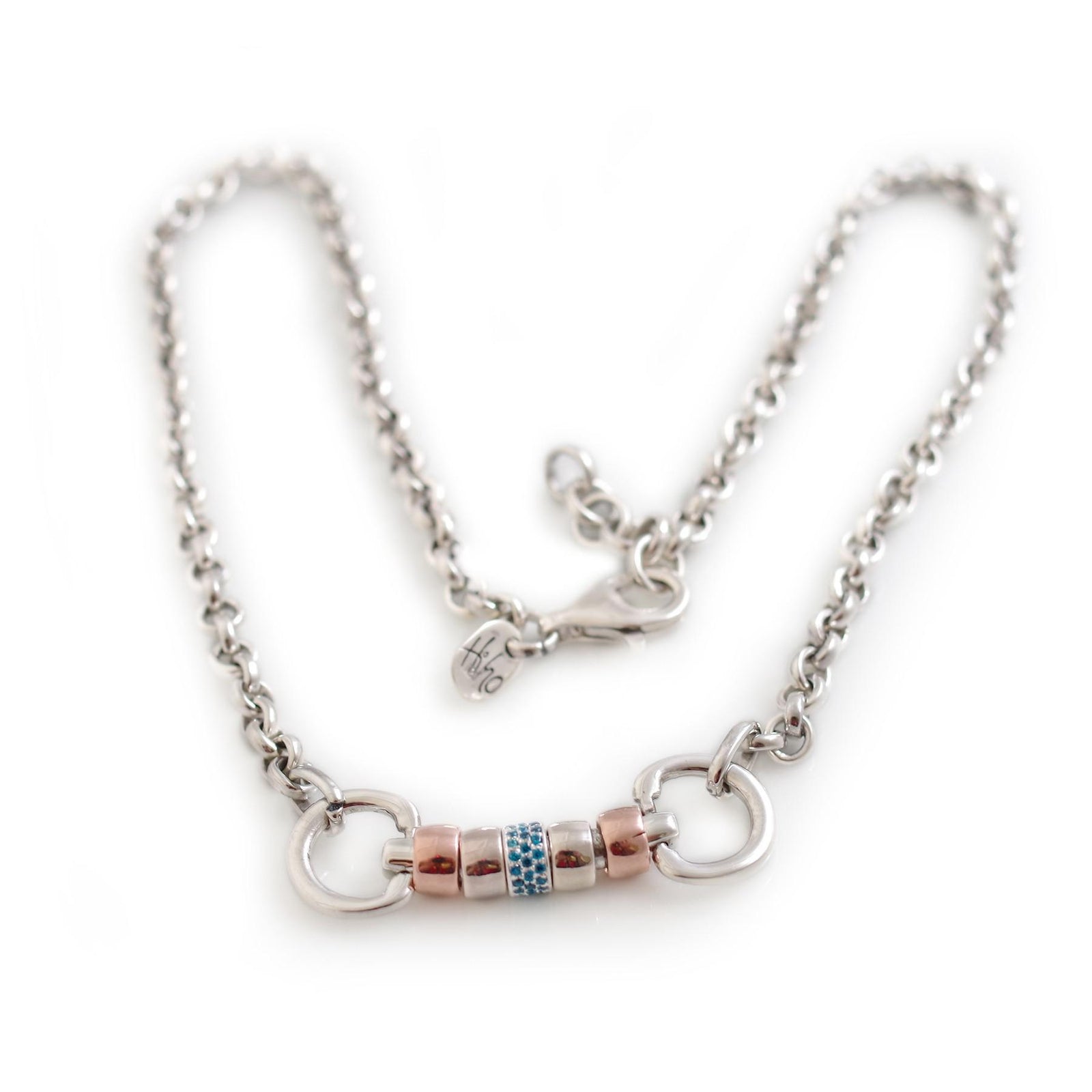 Exclusive Sterling Silver & 18ct Rose Gold Plate Classic Cherry Roller Snaffle Necklace With CZ Roller Bead