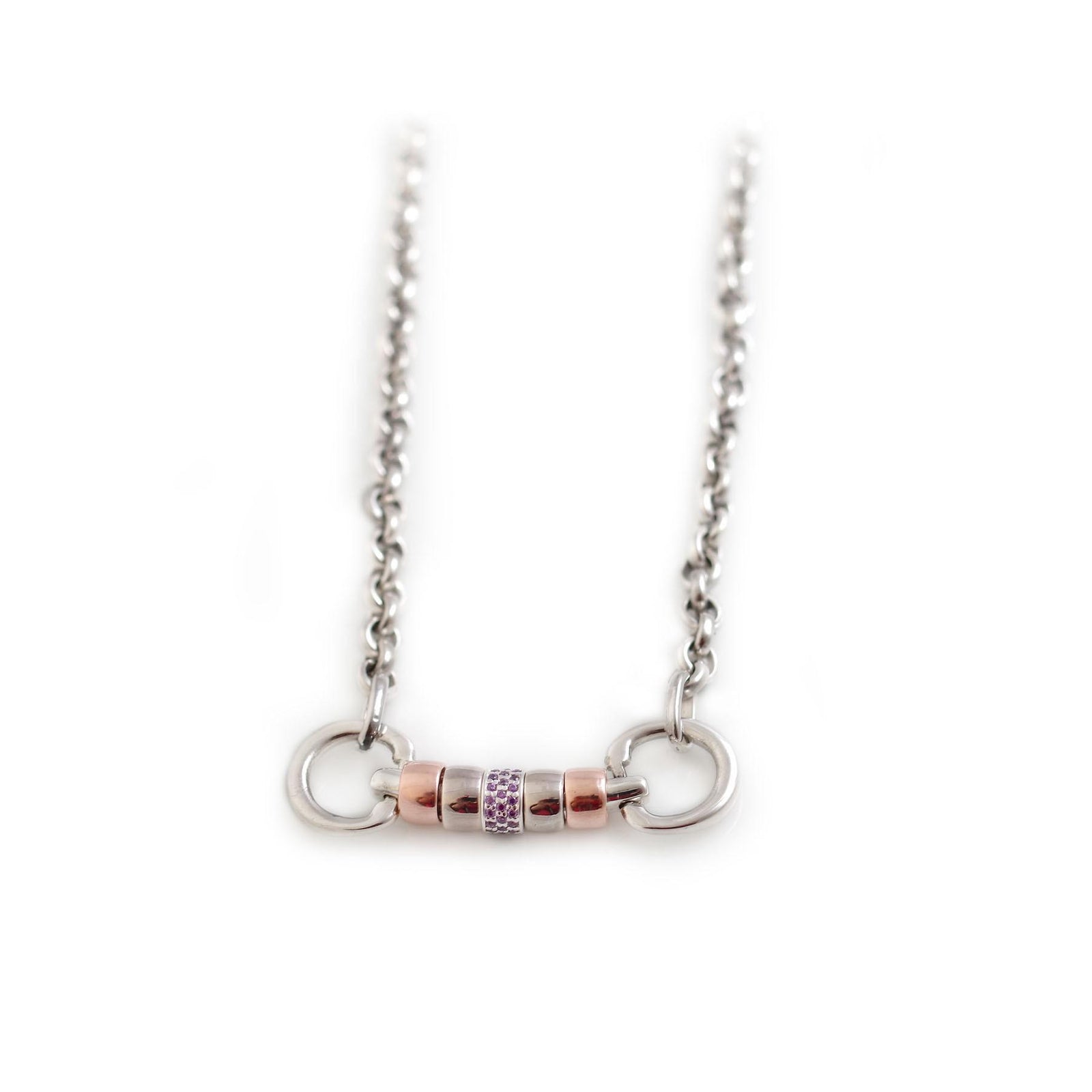 Exclusive Sterling Silver & 18ct Rose Gold Plate Classic Cherry Roller Snaffle Necklace With CZ Roller Bead