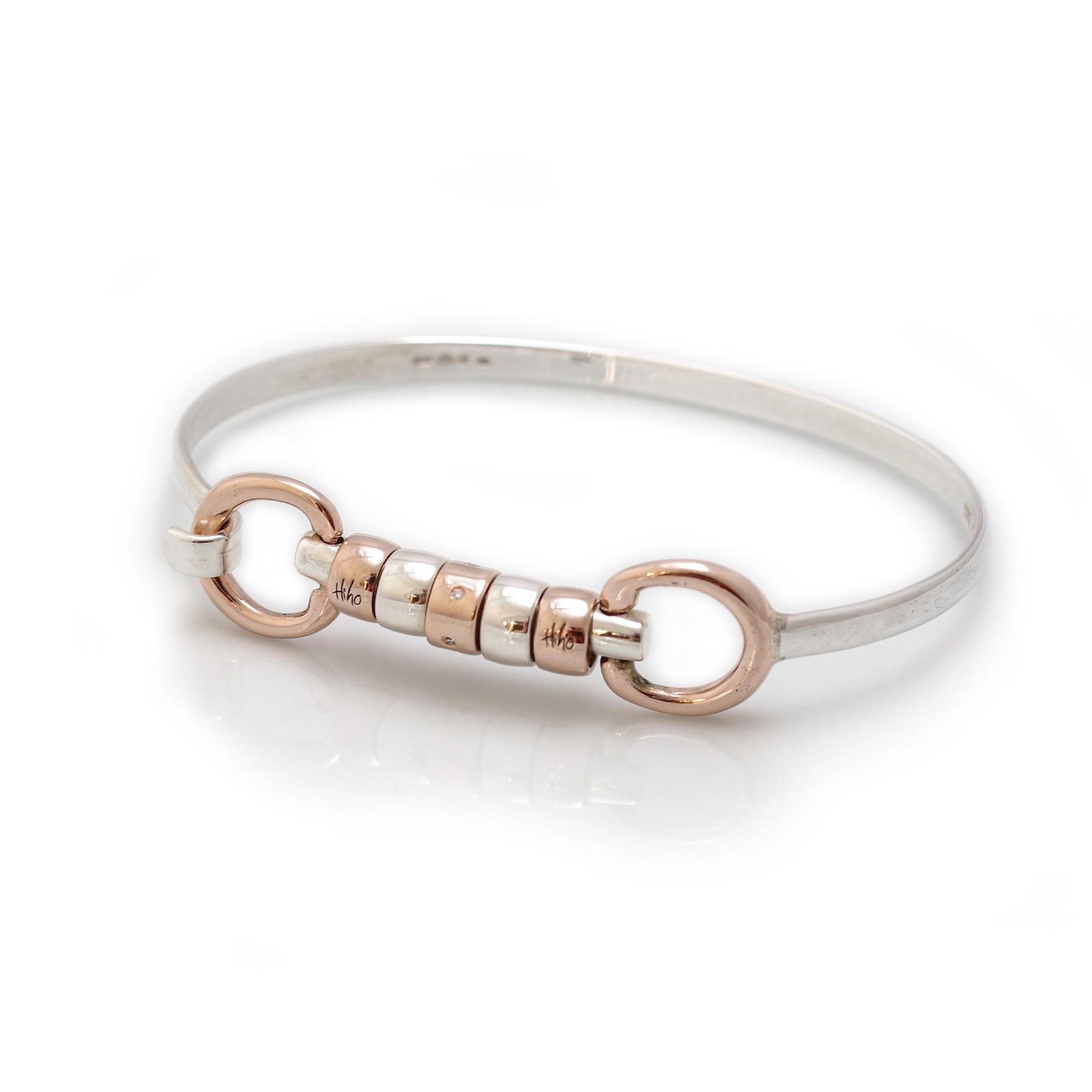 Exclusive Sterling Silver & 9ct Rose Gold Cherry Roller Snaffle Bangle With Diamond Bead