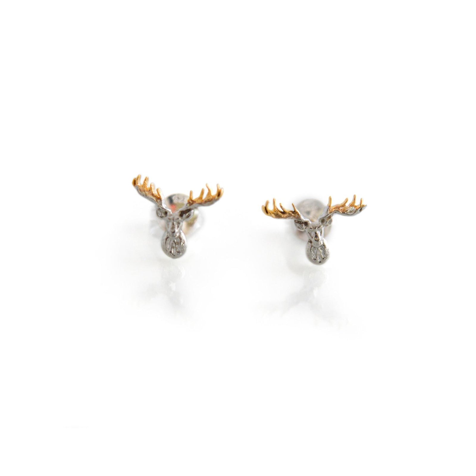 Exclusive Sterling Silver & 18ct Gold Plated Stags Head Stud Earrings