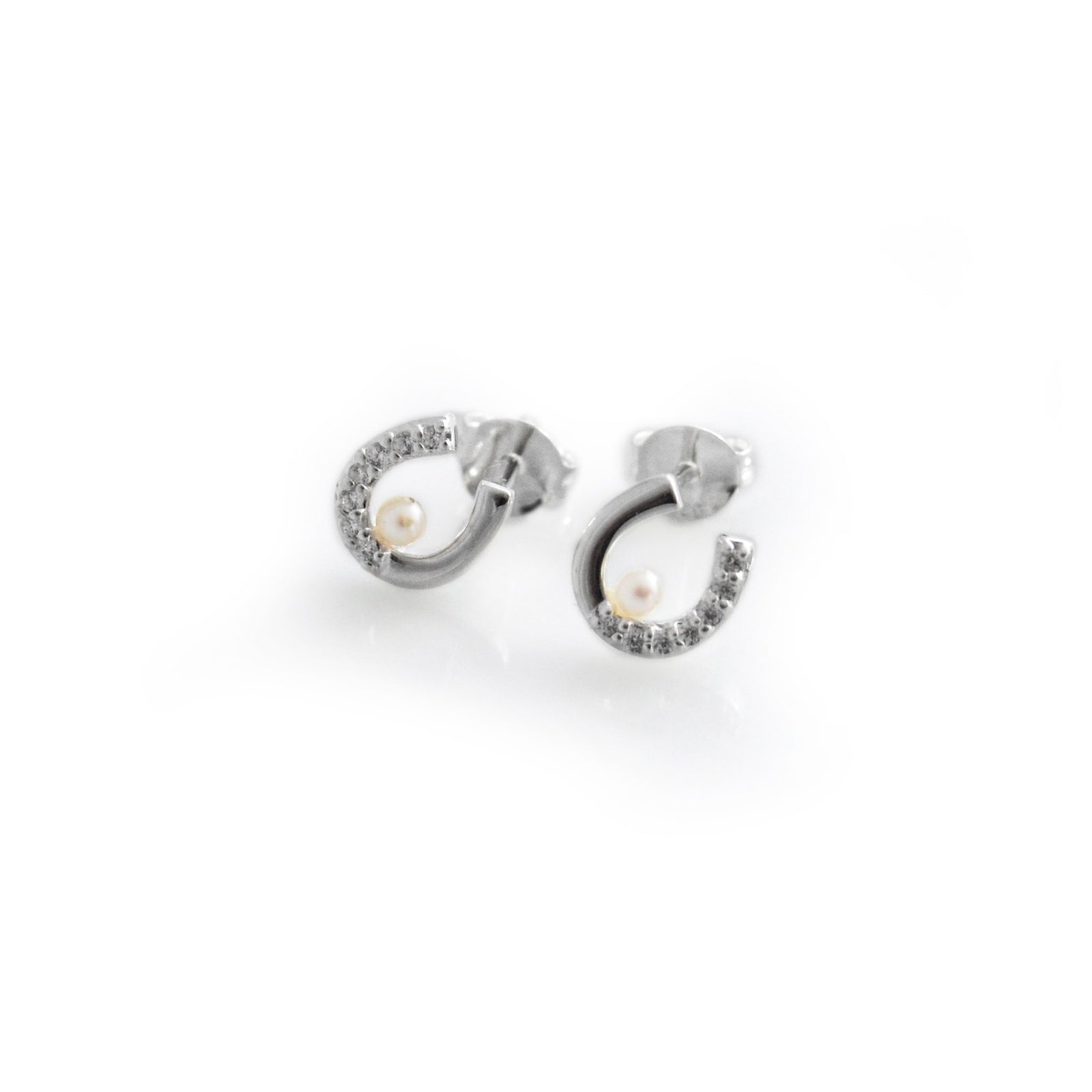 Exclusive Sterling Silver and CZ Horseshoe Stud Earrings With Freshwater Pearls