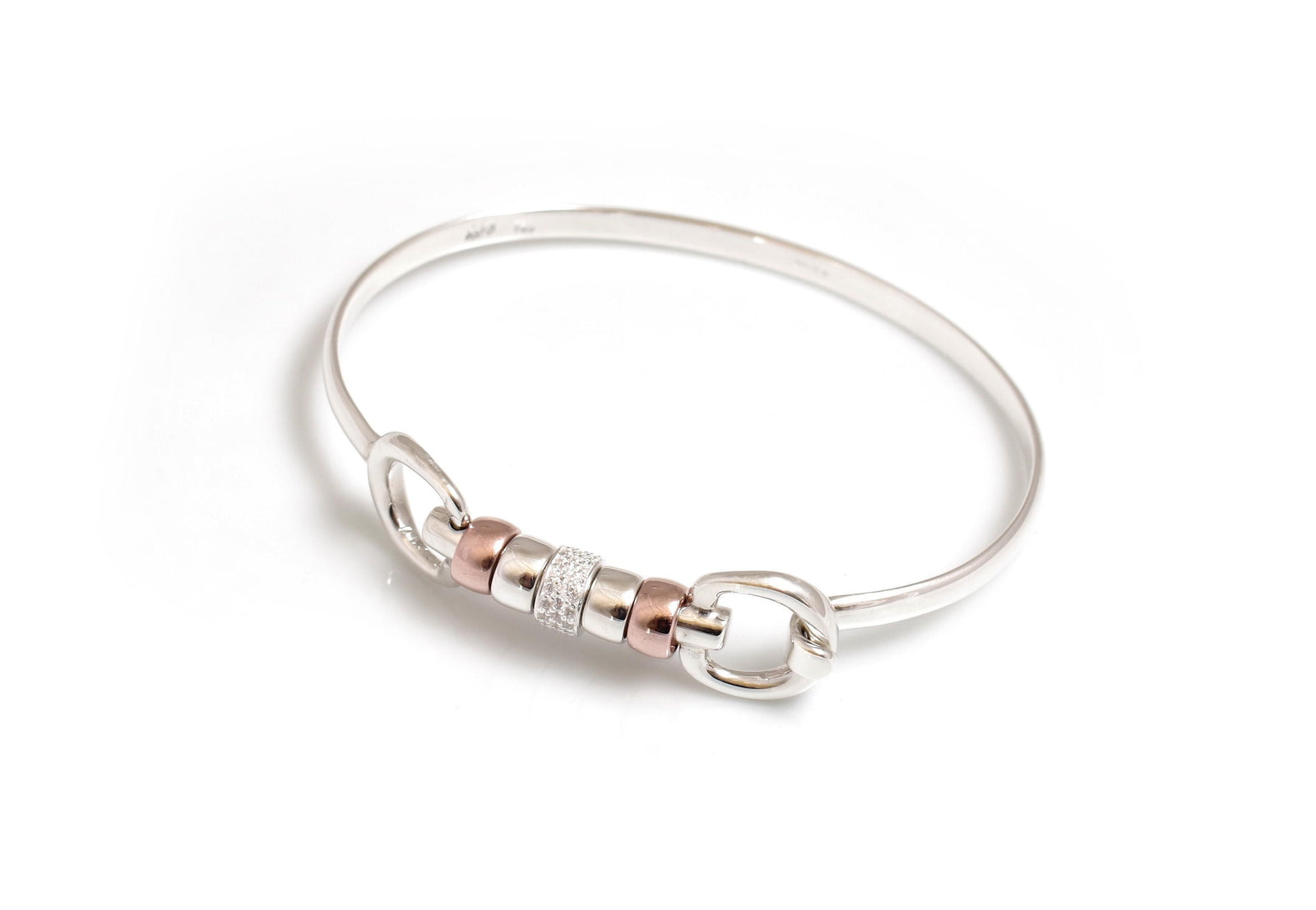 Exclusive Sterling Silver & 18ct Rose Gold Vermeil Cherry Roller Snaffle Bangle With CZ Starlight Roller Bead