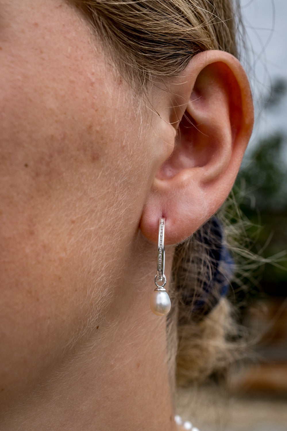 CZ & Sterling Silver Freshwater Pearl Hoop Earrings