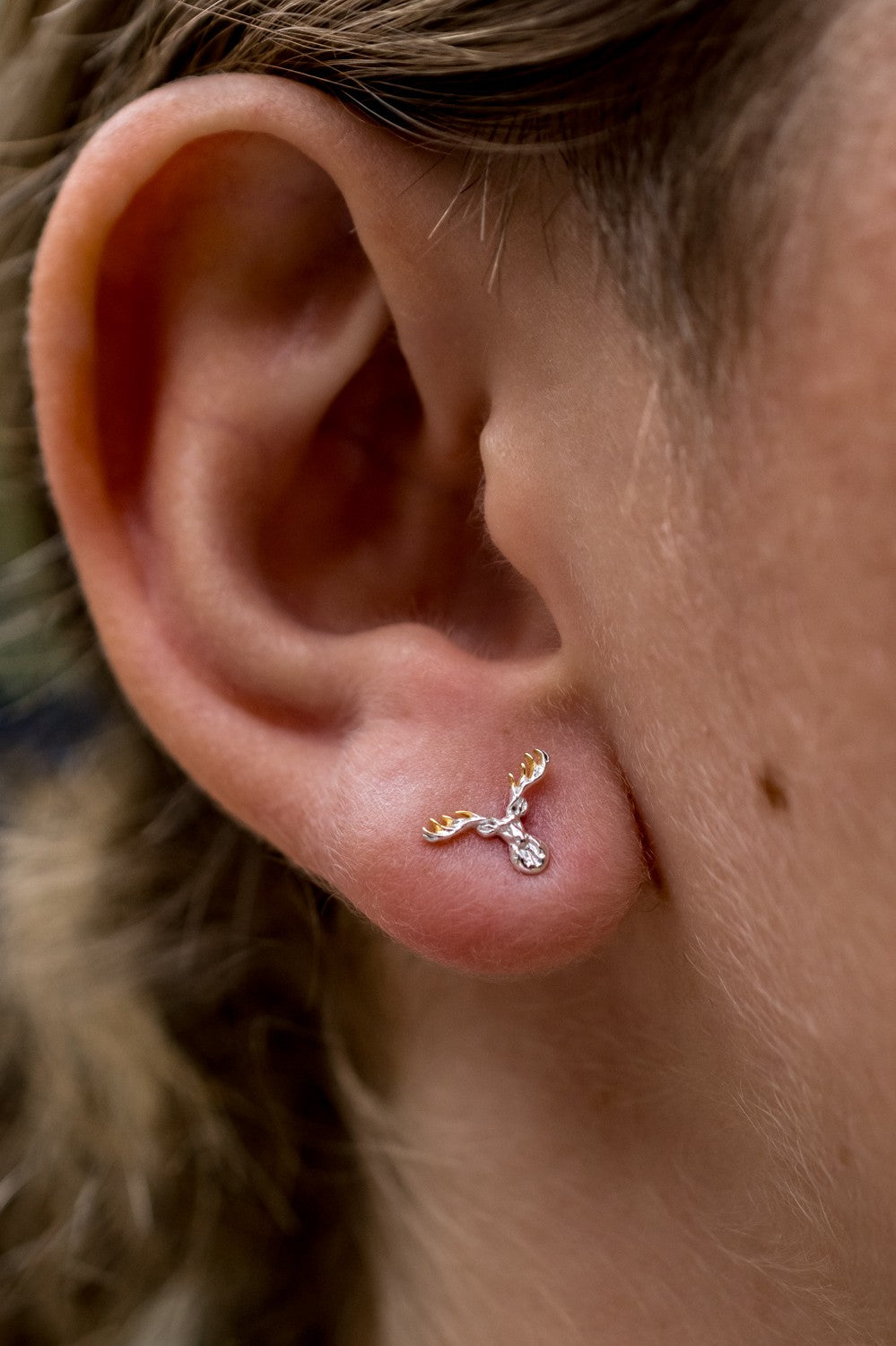 Exclusive Sterling Silver & 18ct Gold Plated Stags Head Stud Earrings