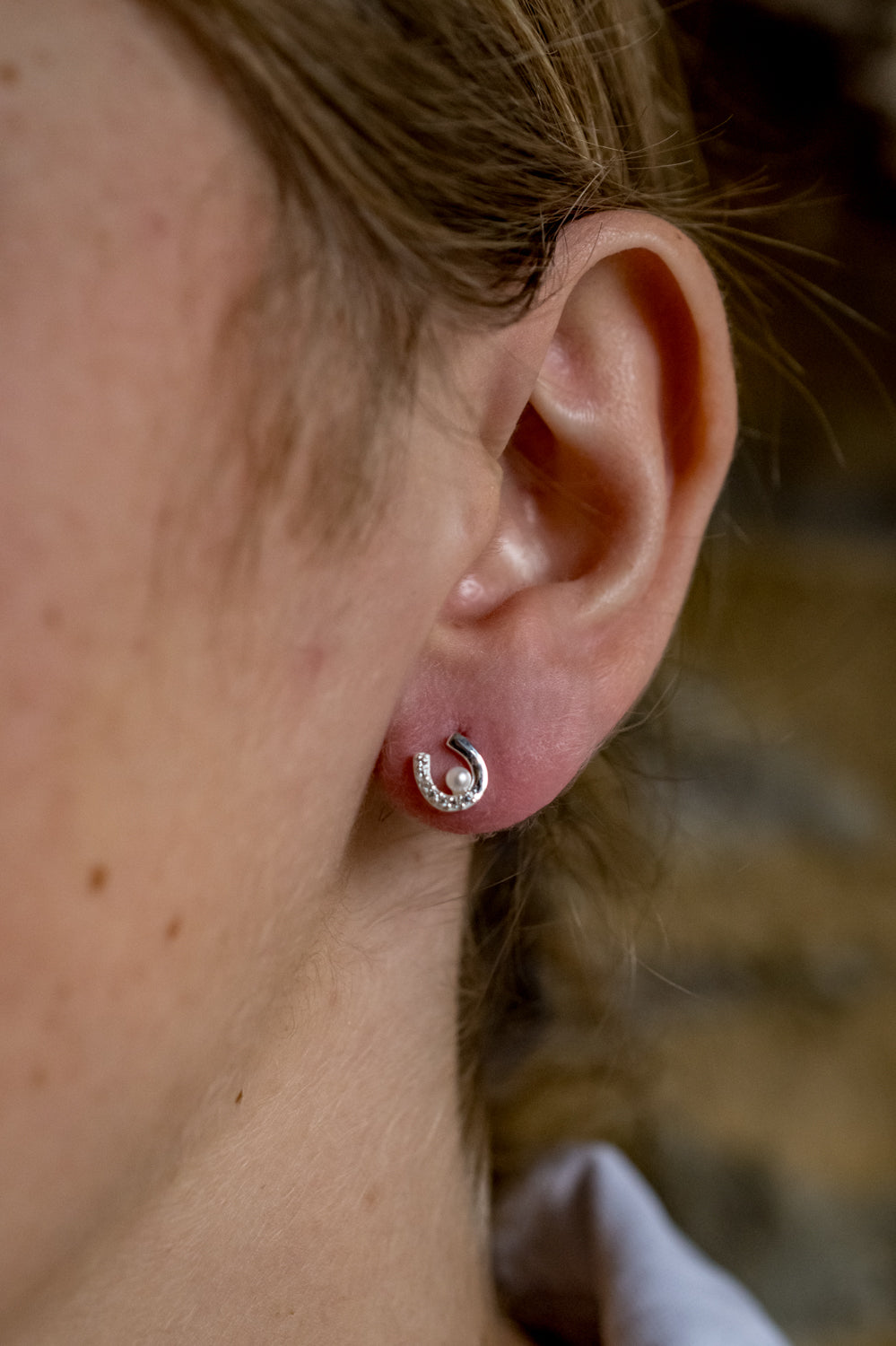 Exclusive Sterling Silver and CZ Horseshoe Stud Earrings With Freshwater Pearls