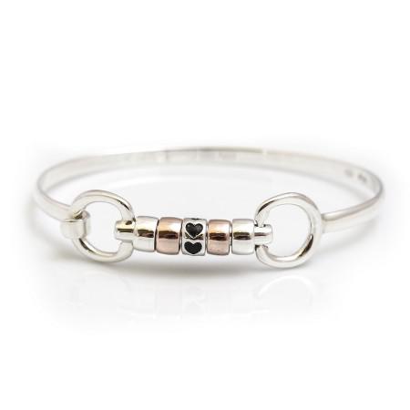 Exclusive Sterling Silver & 18ct Rose Gold Plate Cherry Roller Snaffle Bangle With Love Hearts Roller Bead