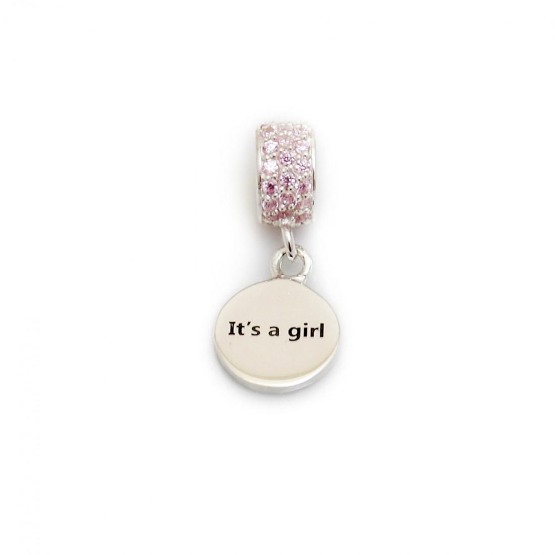 Exclusive Sterling Silver & Pink CZ 'It's A Girl' Roller Charm Bead