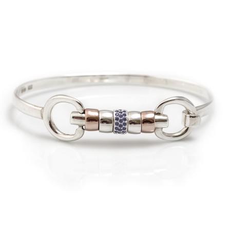 Exclusive Sterling Silver & 18ct Rose Gold Vermeil Cherry Roller Snaffle Bangle With Blue CZ Starlight Roller Bead