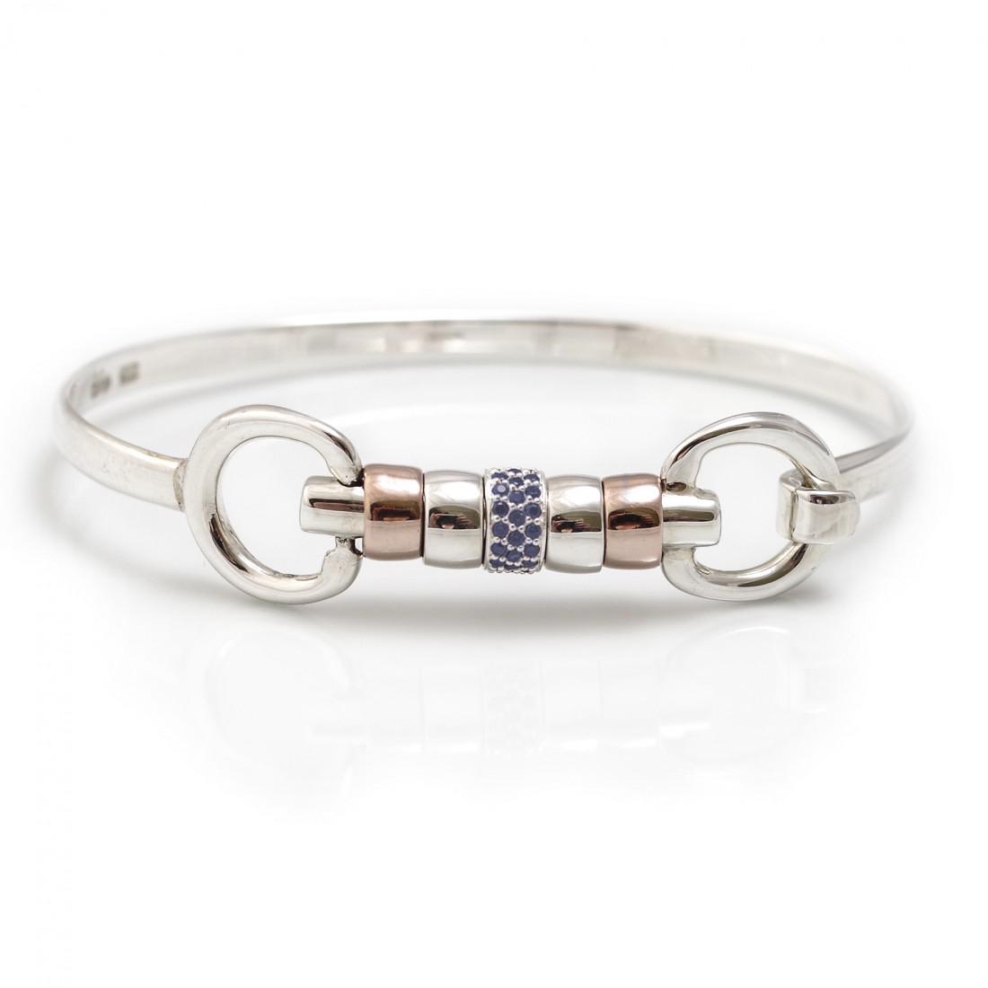 Exclusive Sterling Silver & 18ct Rose Gold Vermeil Cherry Roller Snaffle Bangle With Blue CZ Starlight Roller Bead
