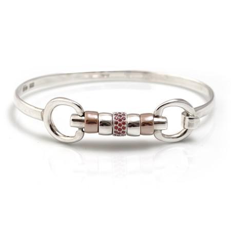 Exclusive Sterling Silver & 18ct Rose Gold Vermeil Cherry Roller Snaffle Bangle With Red CZ Starlight Roller Bead