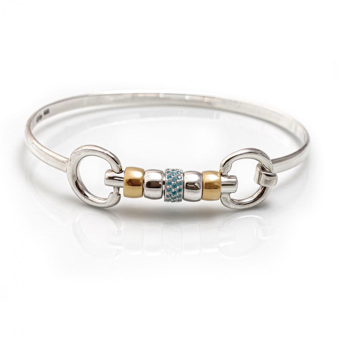 Exclusive Sterling Silver & 18ct Gold Plate Cherry Roller Snaffle Bangle With Turquoise CZ Starlight