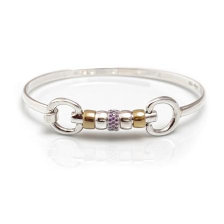 Exclusive Sterling Silver & 18ct Gold Plate Cherry Roller Snaffle Bangle With Purple CZ Starlight Roller Bead