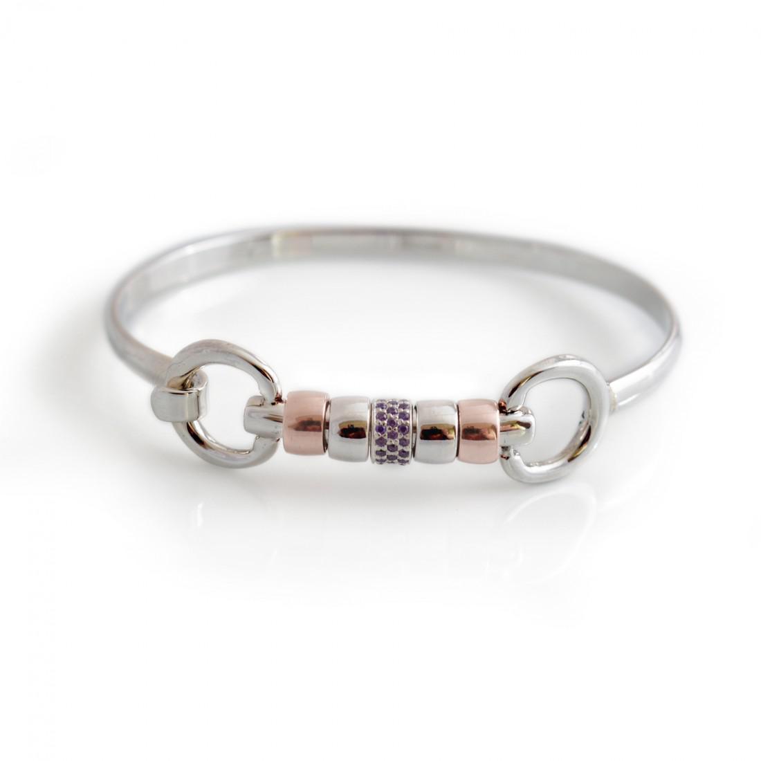Exclusive Sterling Silver & 18ct Rose Gold Vermeil Cherry Roller Snaffle Bangle With Purple CZ Starlight Roller Bead