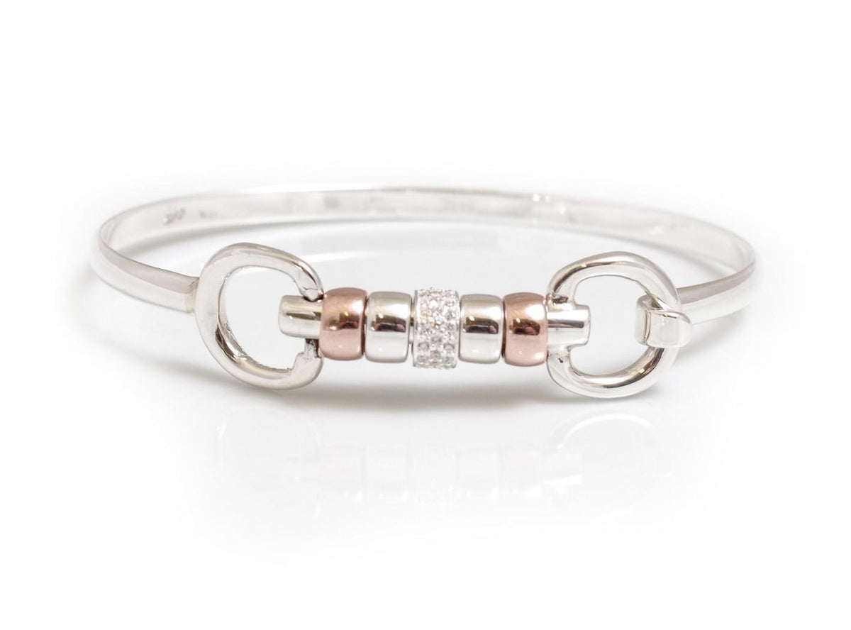 Exclusive Sterling Silver &amp; 18ct Rose Gold Vermeil Cherry Roller Snaffle Bangle With CZ Starlight Roller Bead