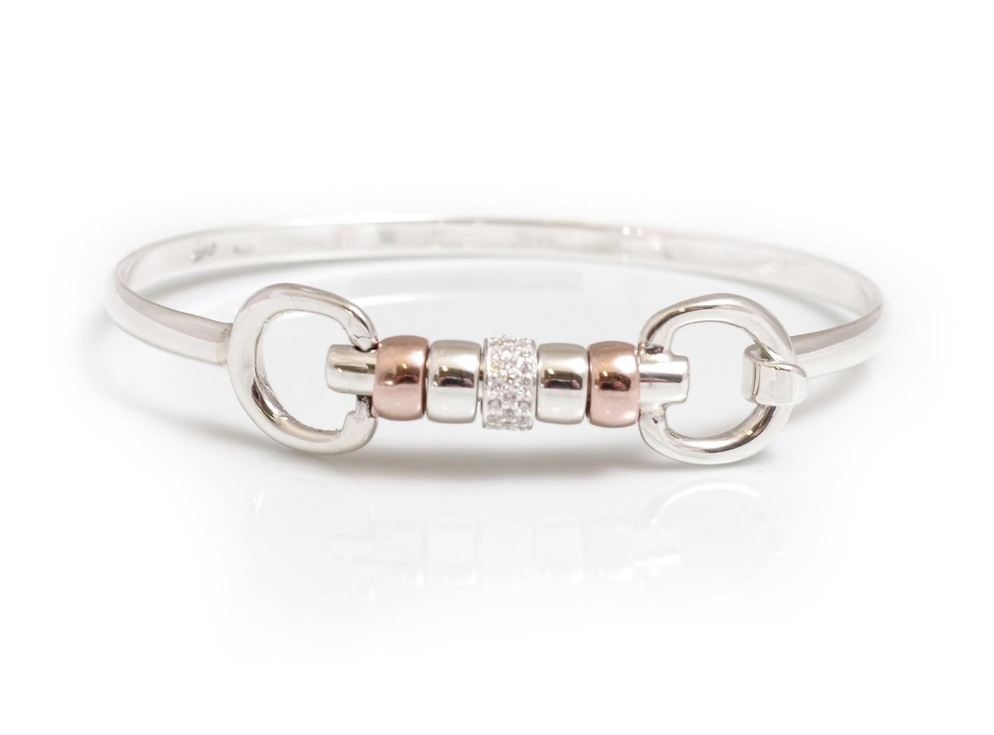 Exclusive Sterling Silver & 18ct Rose Gold Vermeil Cherry Roller Snaffle Bangle With CZ Starlight Roller Bead