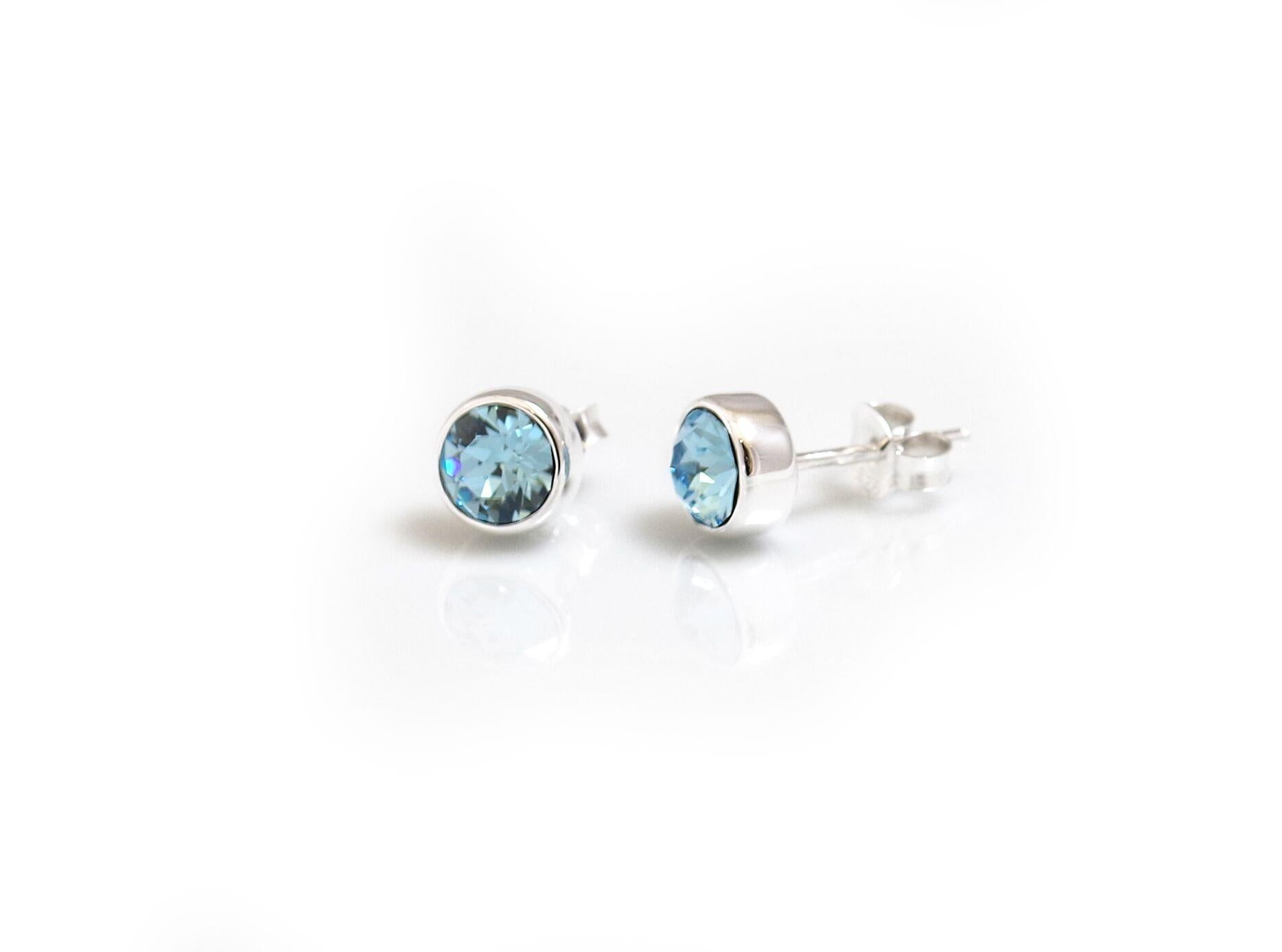 March Birthstone - Sterling Silver & Aquamarine Stud Earrings
