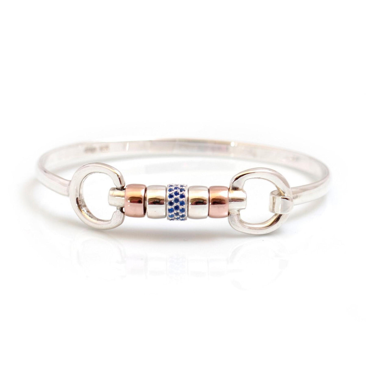 Exclusive Sterling Silver &amp; 18ct Rose Gold Plate Cherry Roller Snaffle Bangle With Sapphire Blue CZ Starlight Roller Bead
