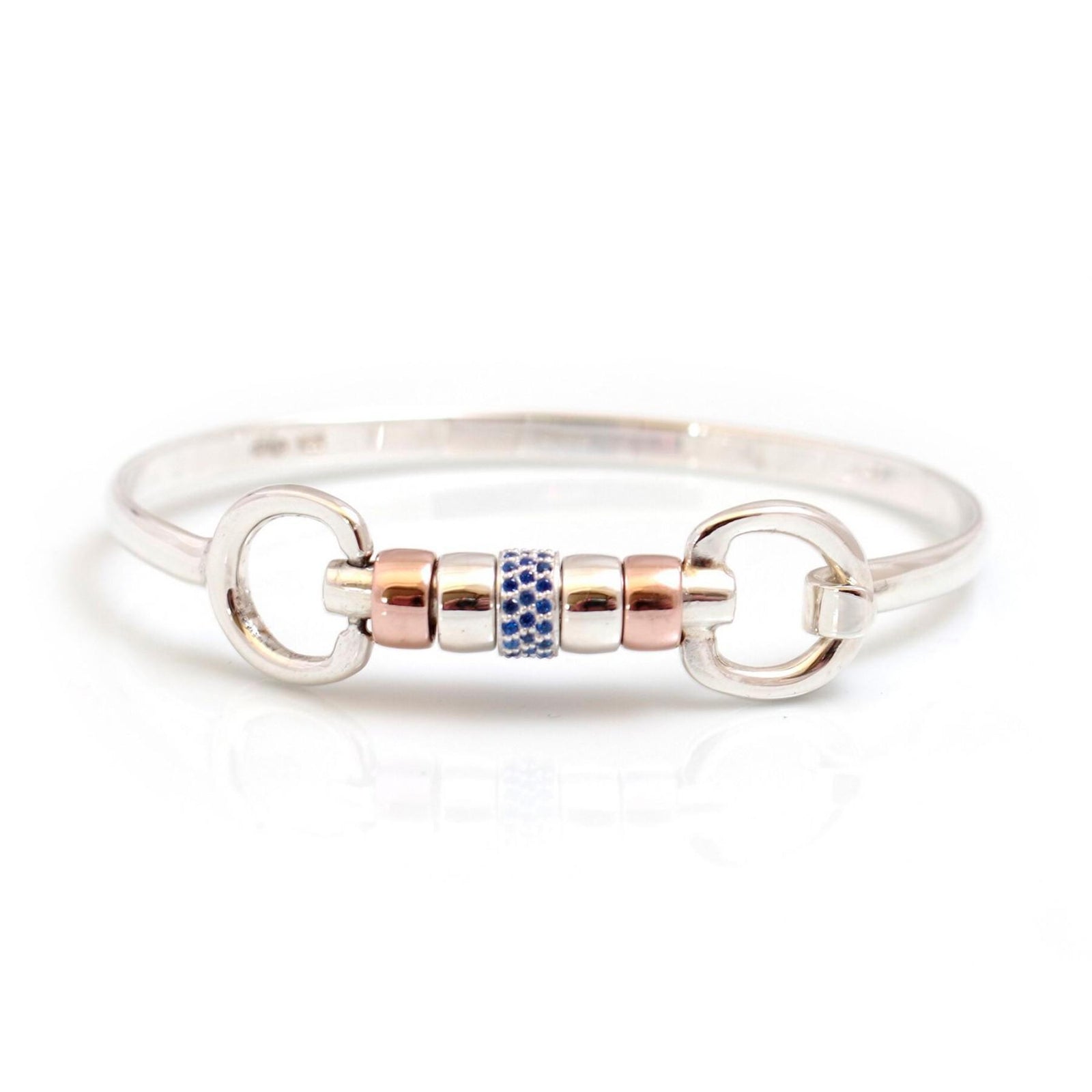 Exclusive Sterling Silver & 18ct Rose Gold Plate Cherry Roller Snaffle Bangle With Sapphire Blue CZ Starlight Roller Bead