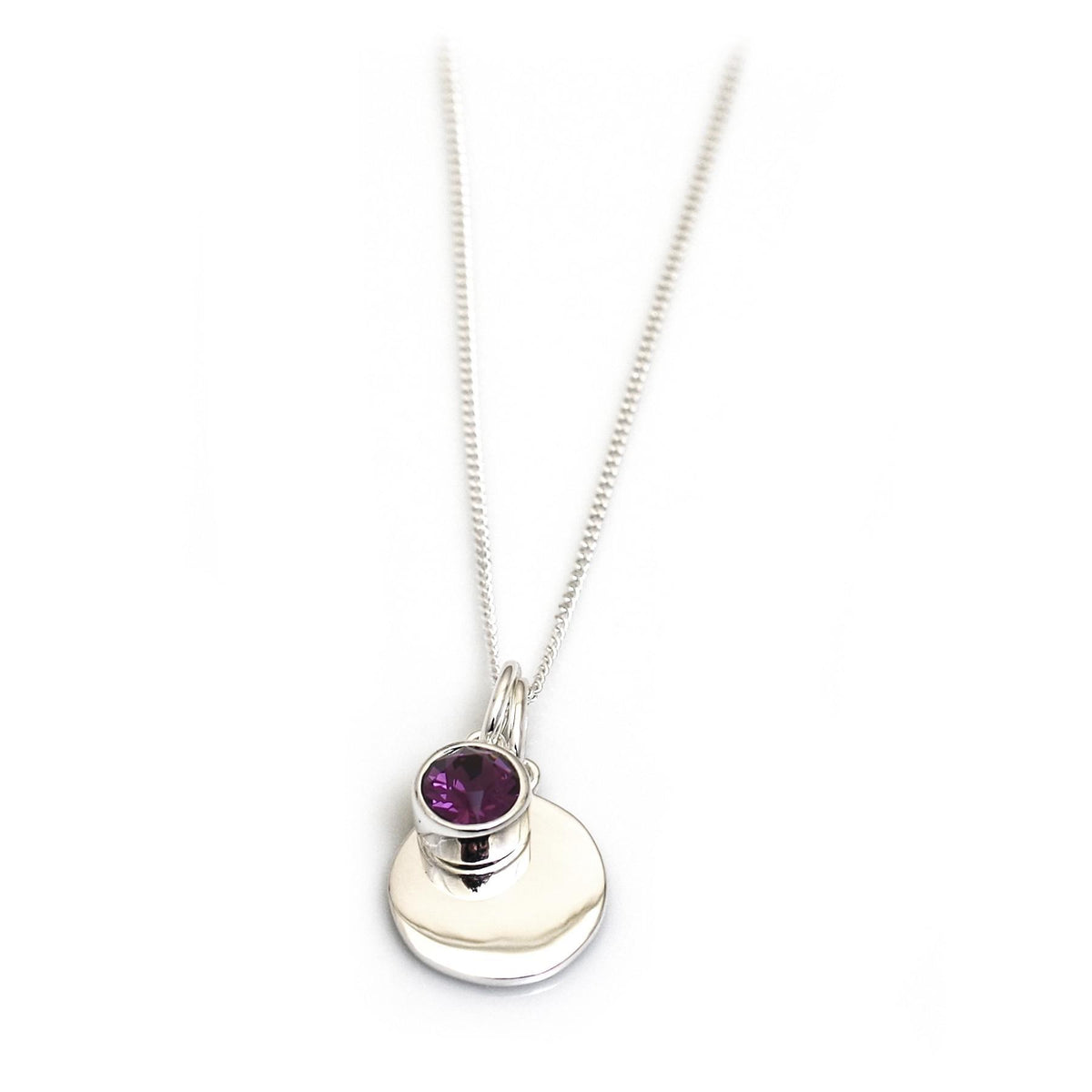 February Birthstone - Amethyst CZ & Silver Disc Necklace