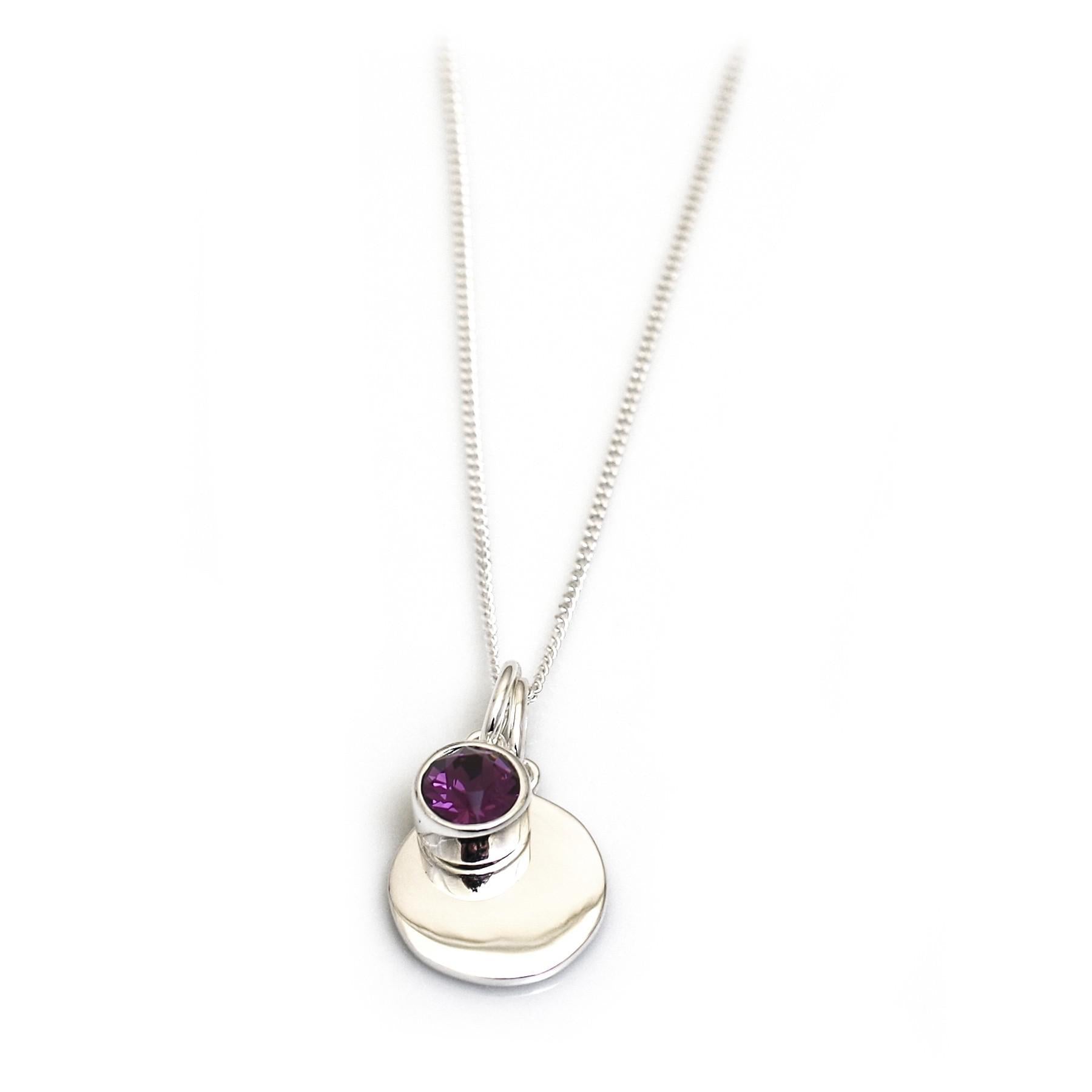 February Birthstone - Amethyst CZ & Silver Disc Necklace