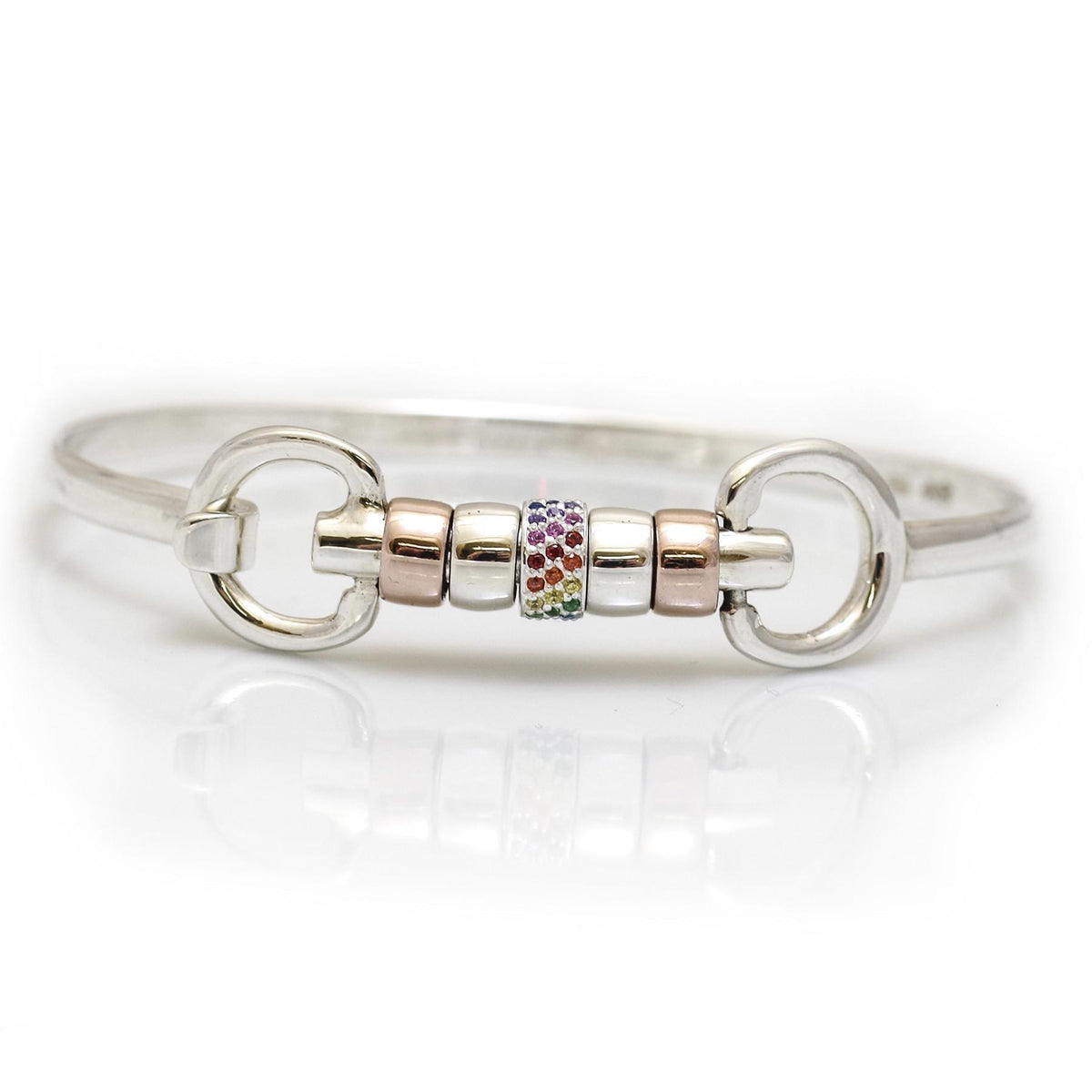 Exclusive Sterling Silver & 18ct Rose Gold Plate Cherry Roller Snaffle Bangle With Rainbow CZ Starlight Roller Bead