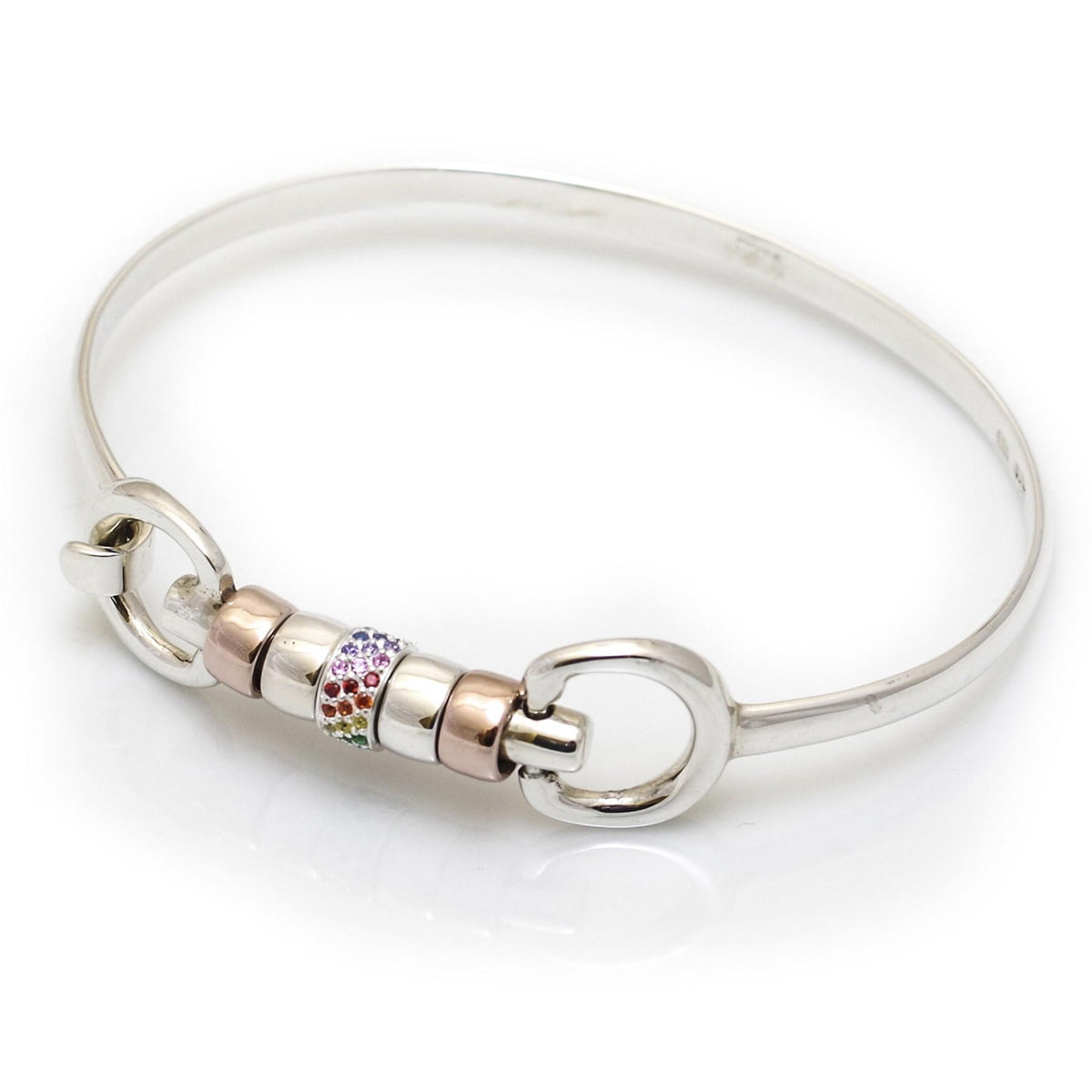 Exclusive Sterling Silver &amp; 18ct Rose Gold Plate Cherry Roller Snaffle Bangle With Rainbow CZ Starlight Roller Bead