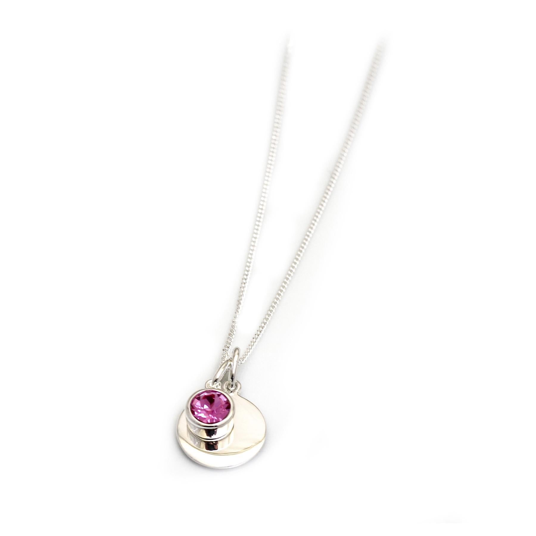 October Birthstone - Sterling Silver & Rose CZ Silver Disc Necklace