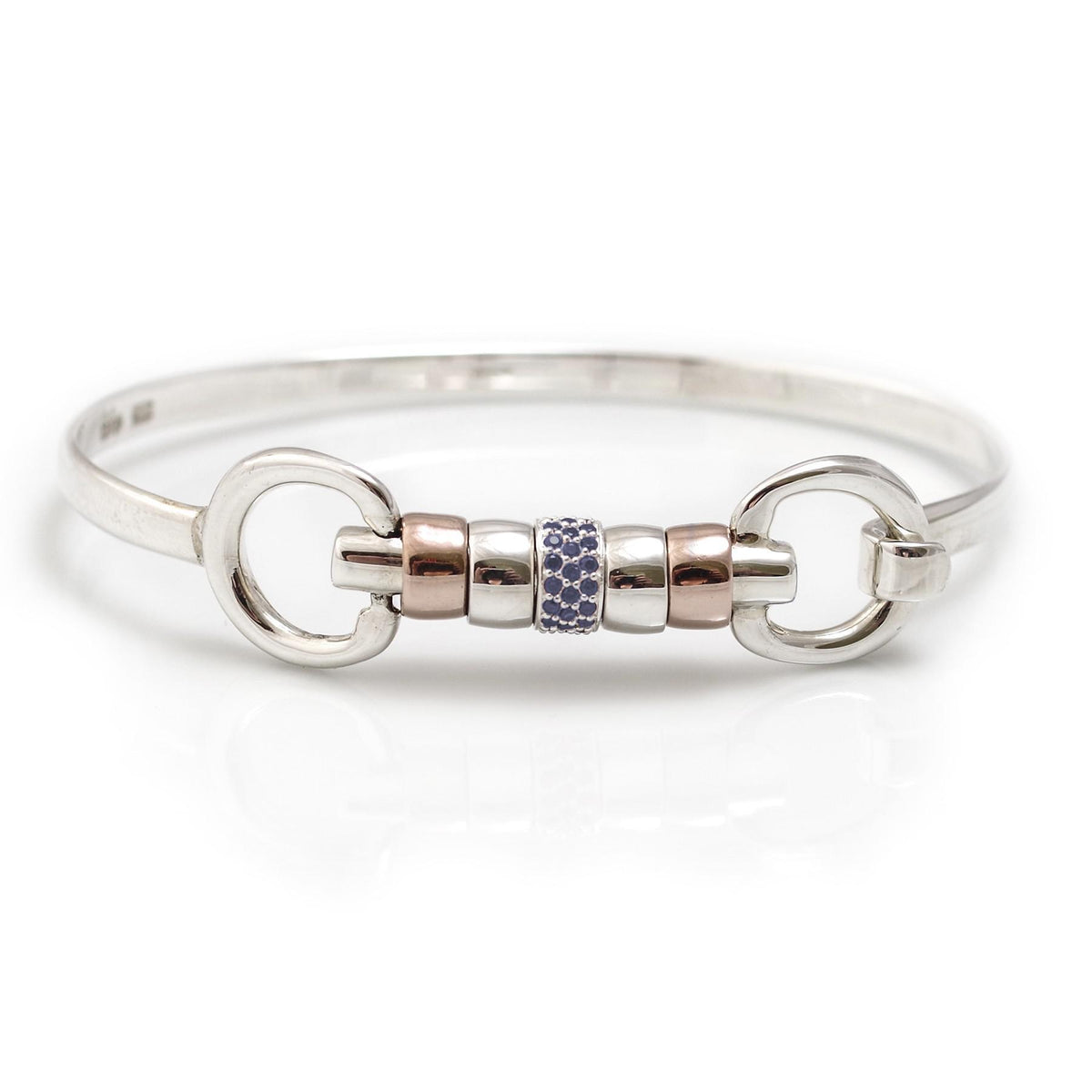 Exclusive Sterling Silver &amp; 18ct Rose Gold Vermeil Cherry Roller Snaffle Bangle With Blue CZ Starlight Roller Bead