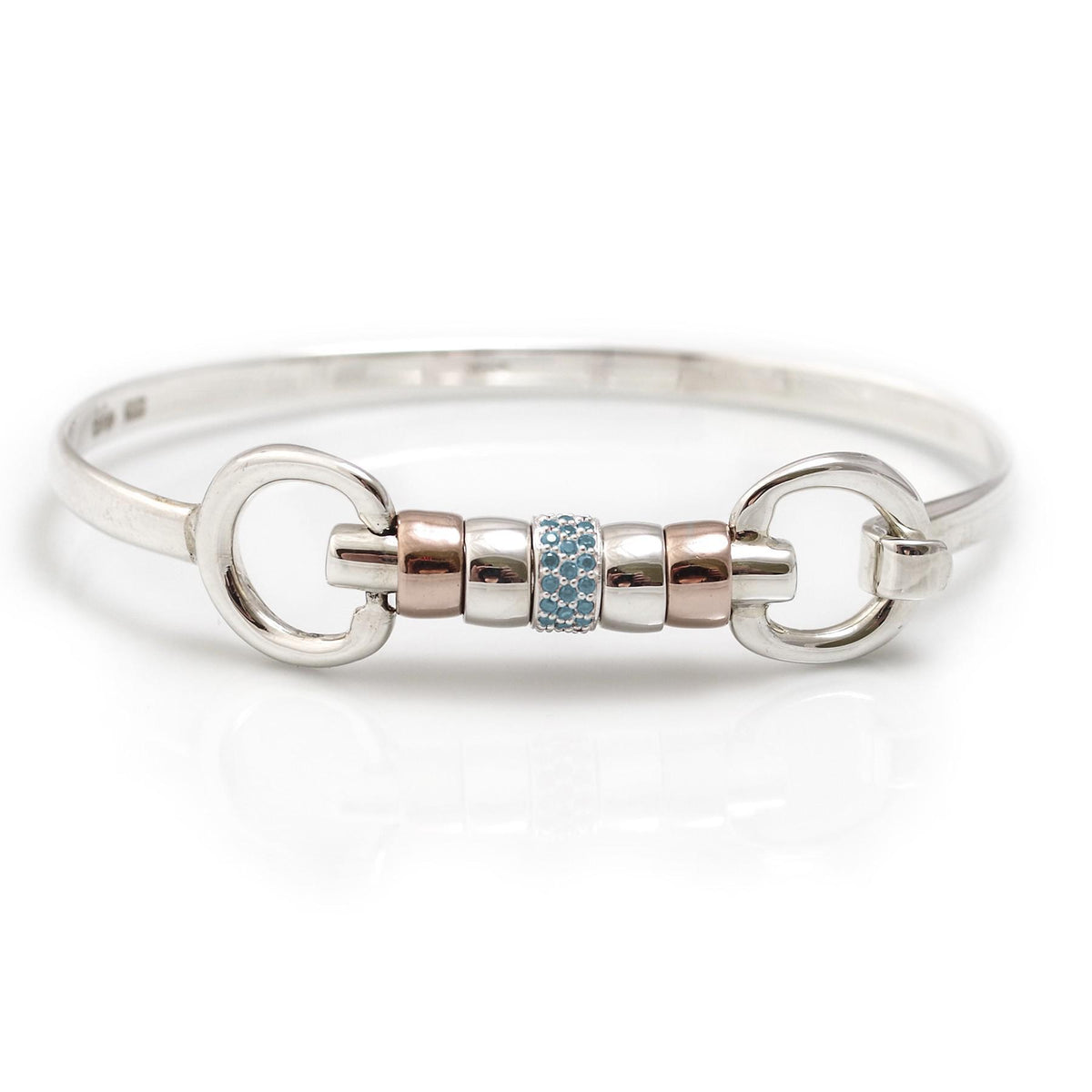 Exclusive Sterling Silver &amp; 18ct Rose Gold Vermeil Cherry Roller Snaffle Bangle With Turquoise CZ Starlight Roller Bead