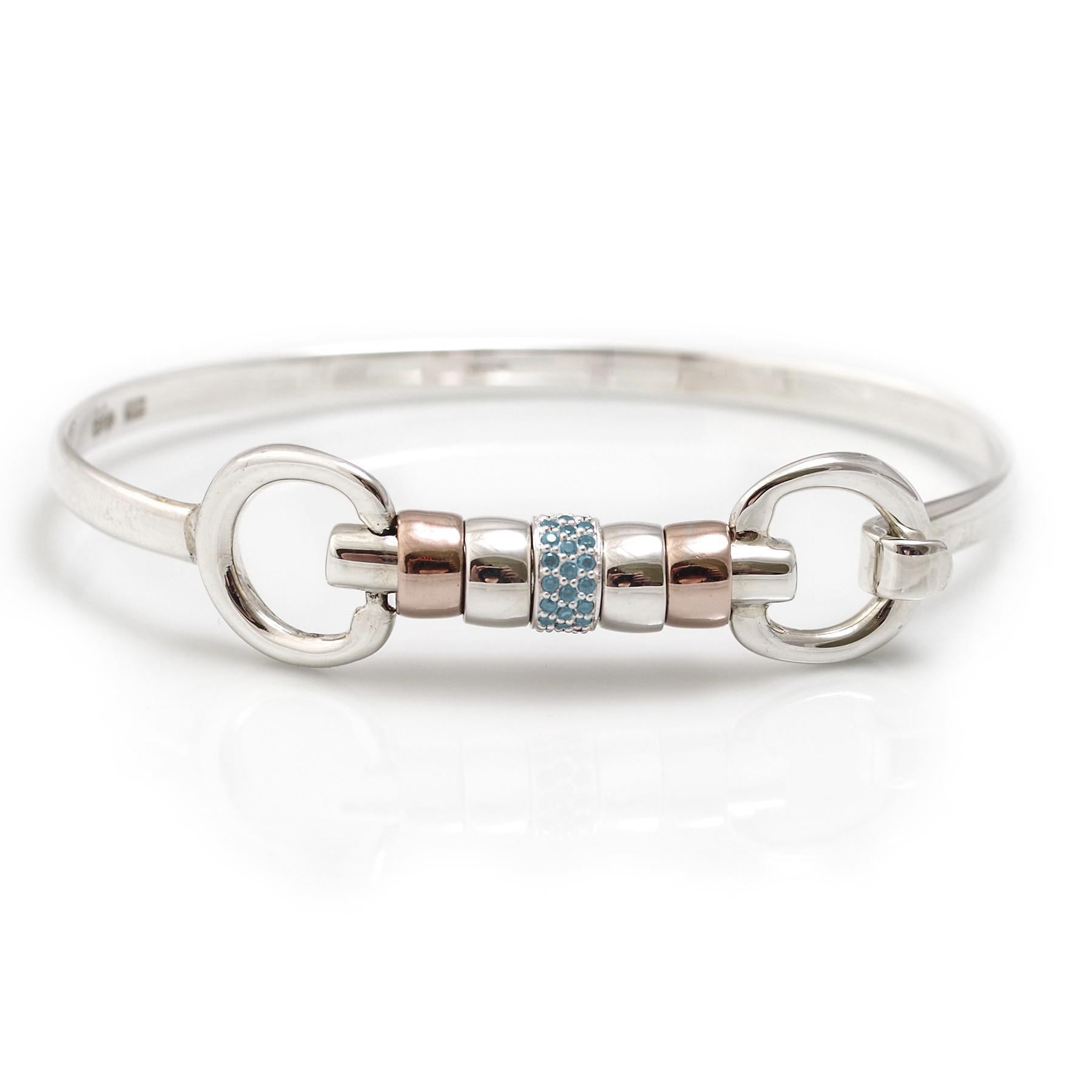 Exclusive Sterling Silver & 18ct Rose Gold Vermeil Cherry Roller Snaffle Bangle With Turquoise CZ Starlight Roller Bead