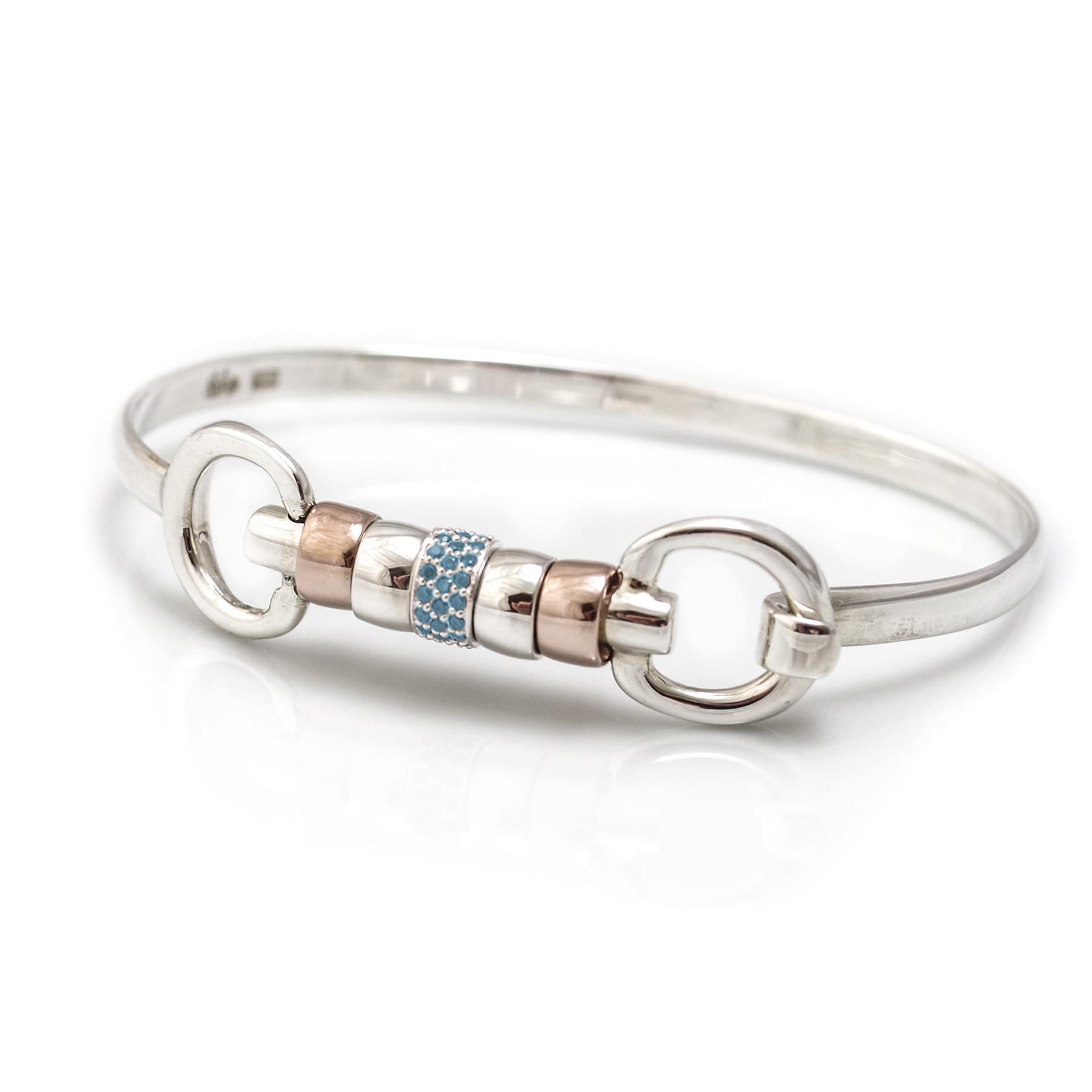 Exclusive Sterling Silver & 18ct Rose Gold Vermeil Cherry Roller Snaffle Bangle With Turquoise CZ Starlight Roller Bead