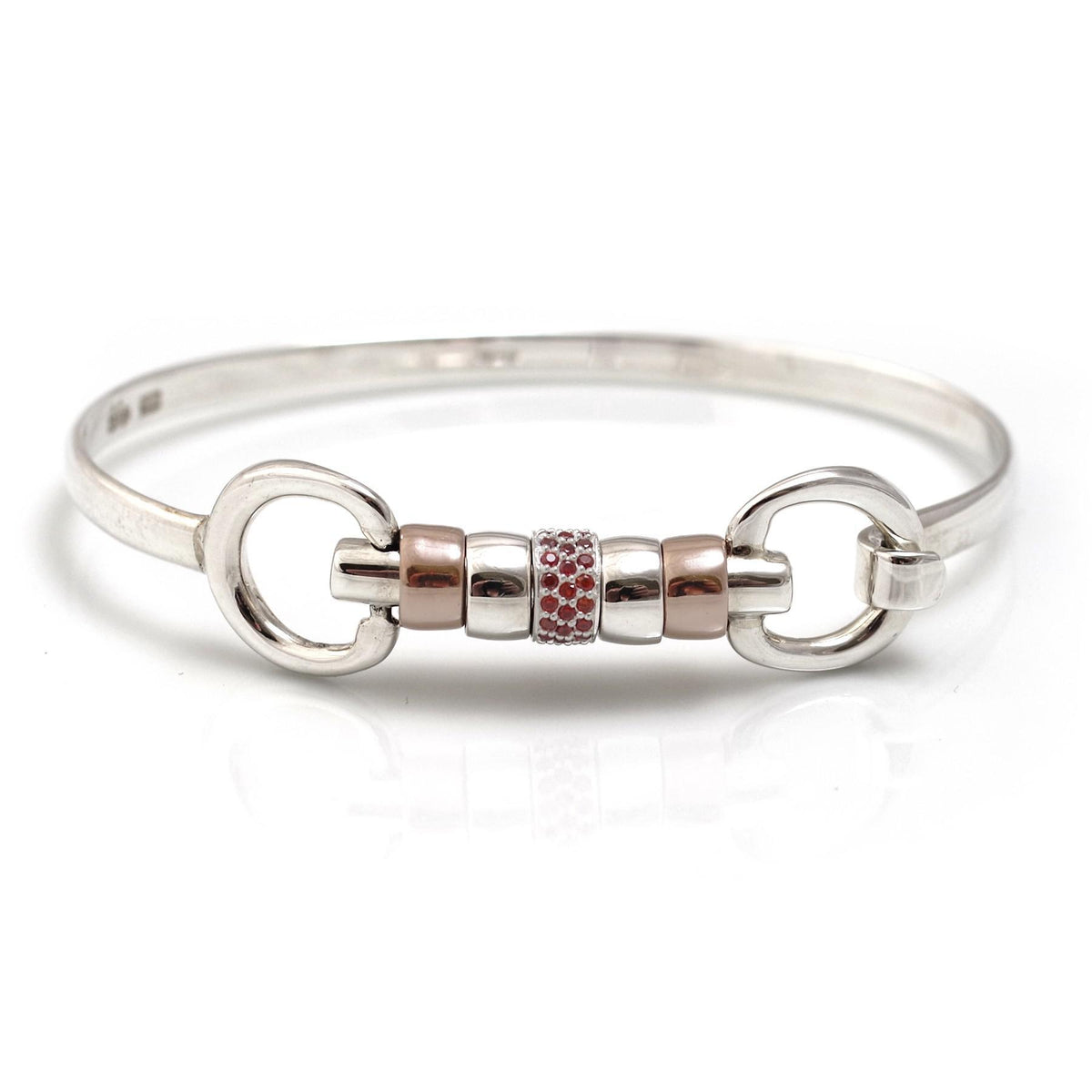 Exclusive Sterling Silver &amp; 18ct Rose Gold Vermeil Cherry Roller Snaffle Bangle With Red CZ Starlight Roller Bead
