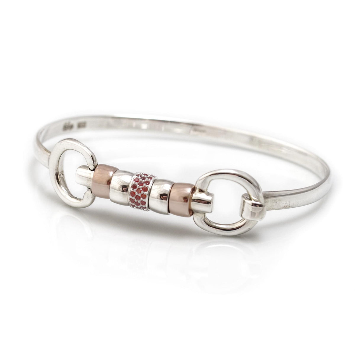 Exclusive Sterling Silver & 18ct Rose Gold Vermeil Cherry Roller Snaffle Bangle With Red CZ Starlight Roller Bead