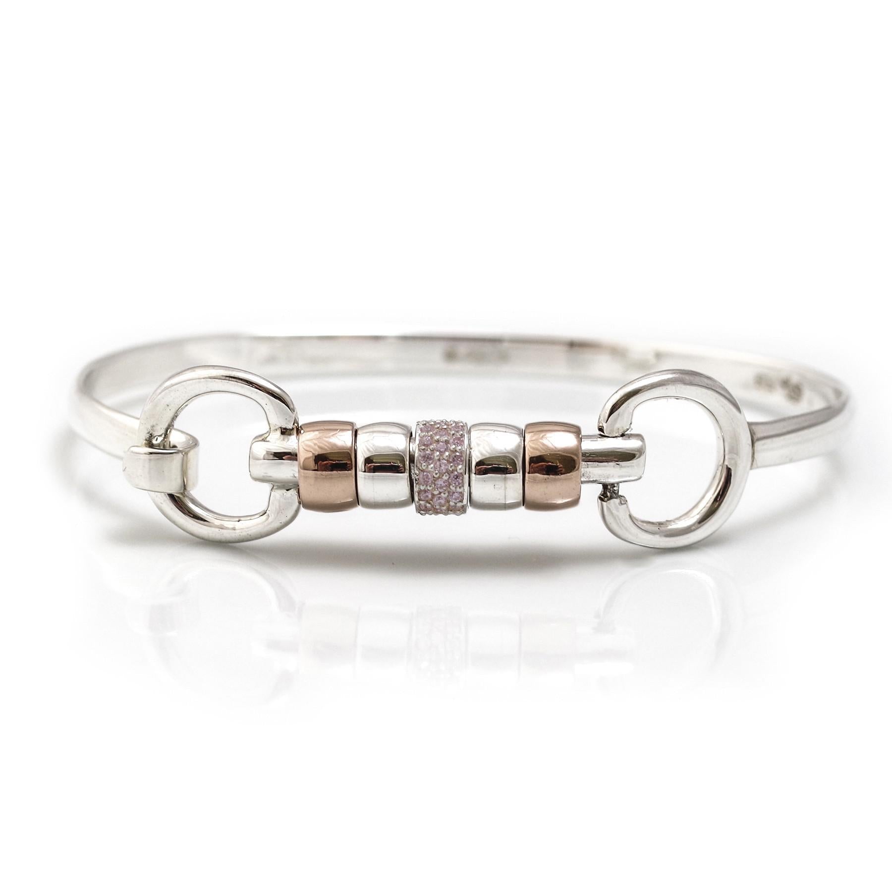 Exclusive Sterling Silver & 18ct Rose Gold Plate Cherry Roller Snaffle Bangle With Pink CZ Starlight