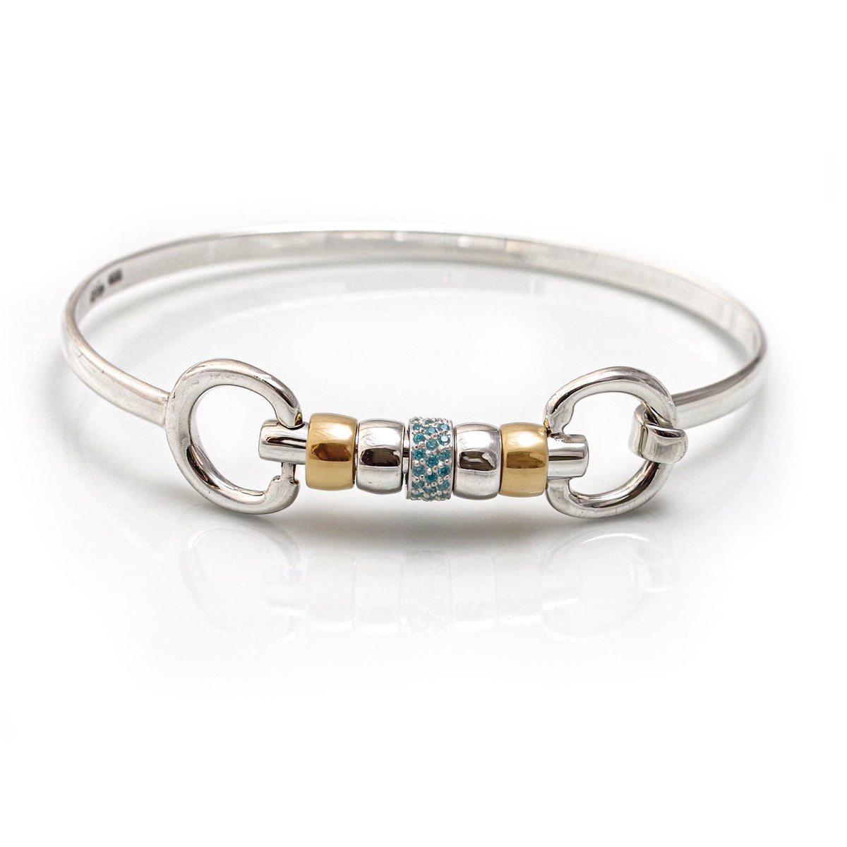 Exclusive Sterling Silver &amp; 18ct Gold Plate Cherry Roller Snaffle Bangle With Turquoise CZ Starlight