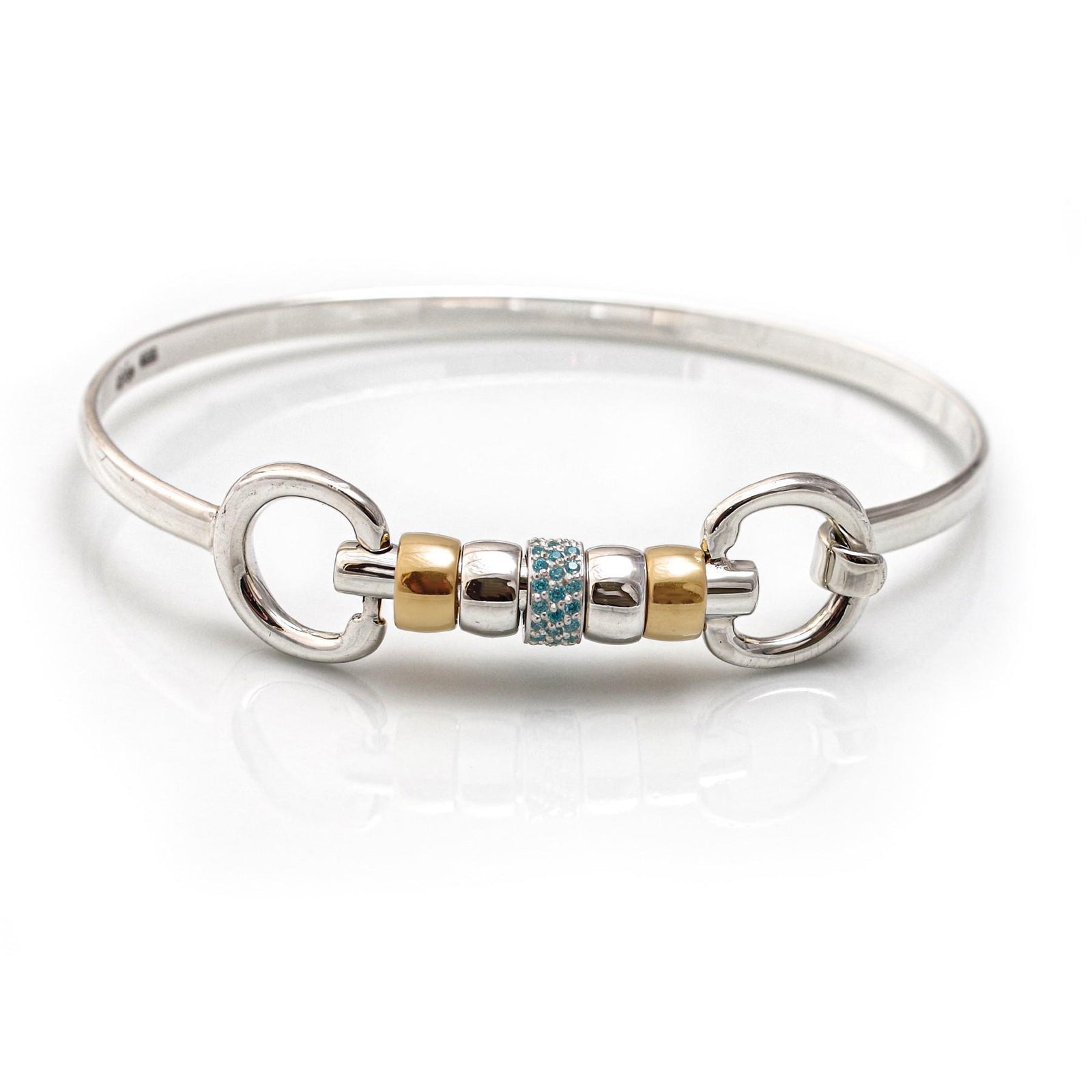 Exclusive Sterling Silver & 18ct Gold Plate Cherry Roller Snaffle Bangle With Turquoise CZ Starlight