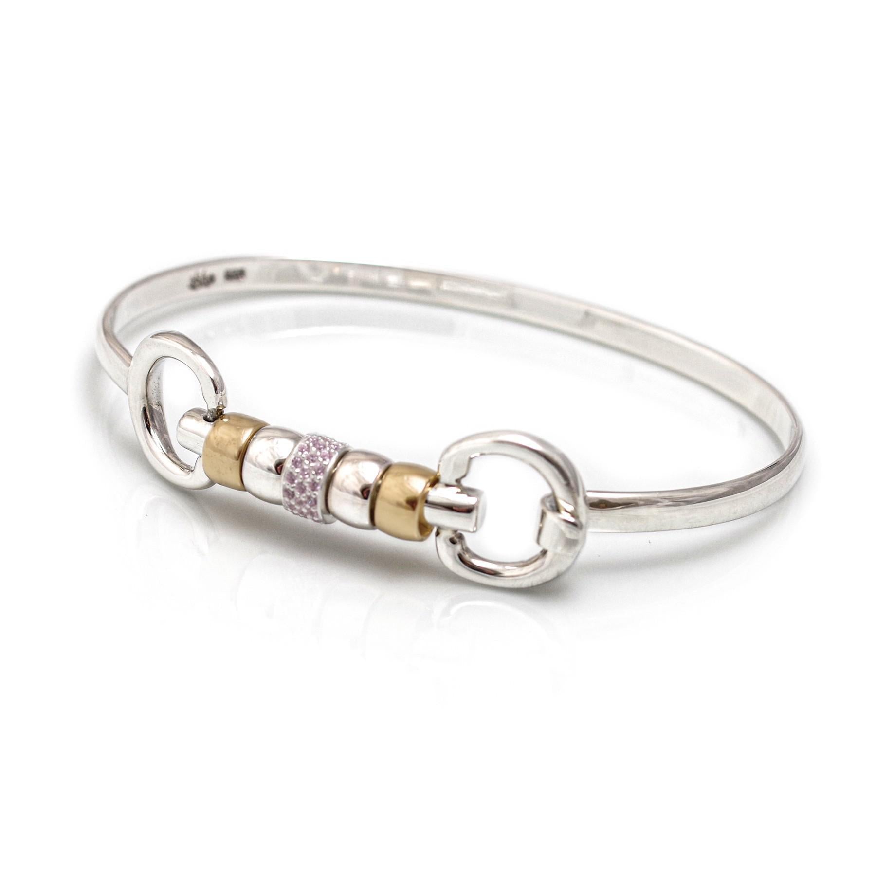 Exclusive Sterling Silver & 18ct Gold Plate Cherry Roller Snaffle Bangle With Pink CZ Starlight