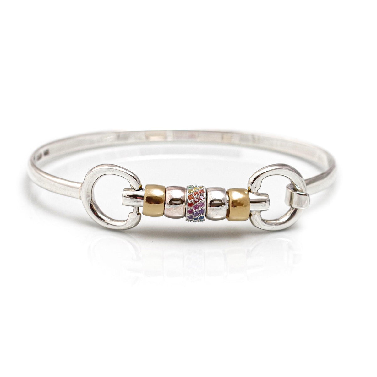Exclusive Sterling Silver &amp; 18ct Gold Plate Cherry Roller Snaffle Bangle With Rainbow CZ Starlight Roller Bead