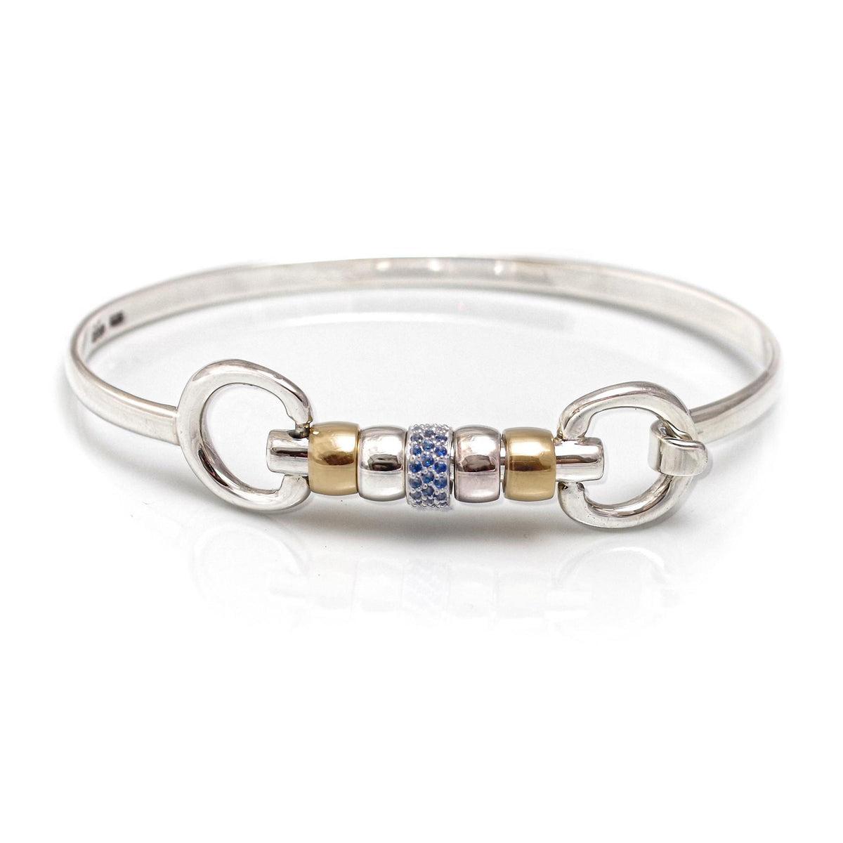 Exclusive Sterling Silver &amp; 18ct Gold Plate Cherry Roller Snaffle Bangle With Royal Blue CZ Starlight Roller Bead